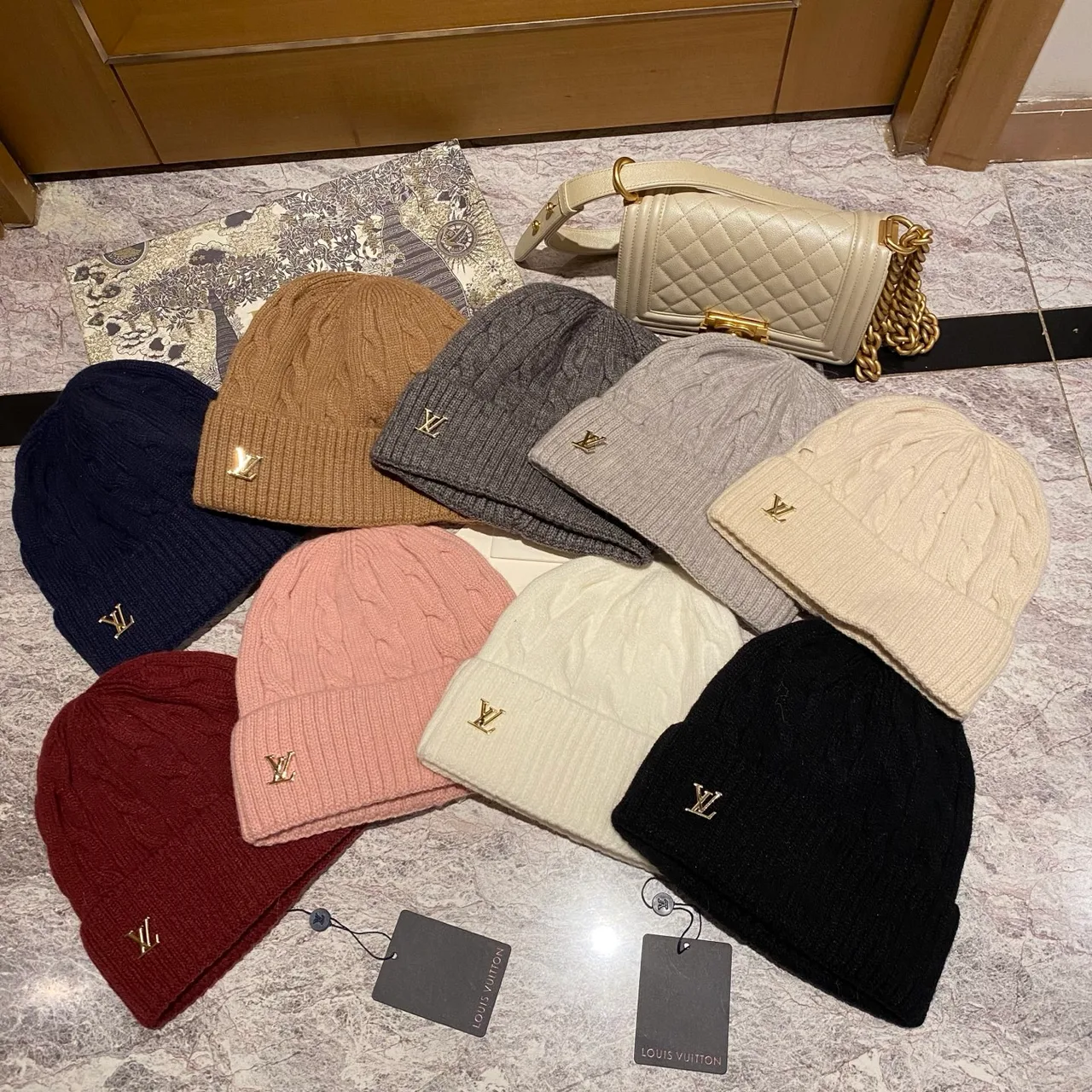 Louis Vuitton Cable-Knit LV Beanie in Grey & Cream & Pink & White & Tan & Burgundy & Blue & Black · view 8