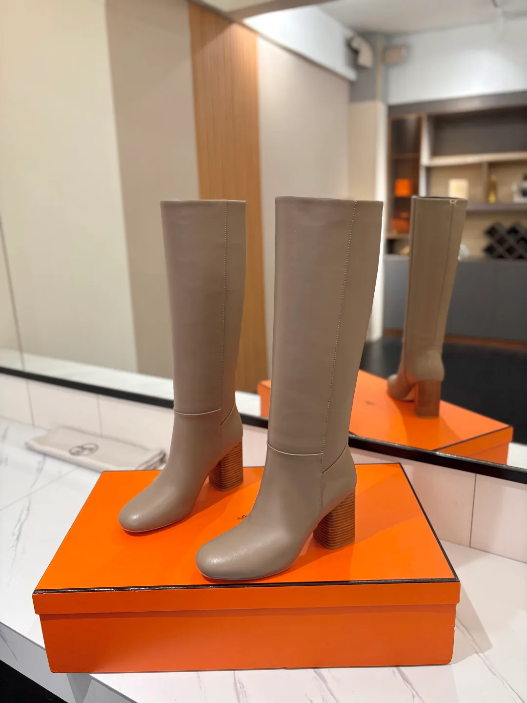 Hermes Cowhide Knee-High Boots in Grey · view 2