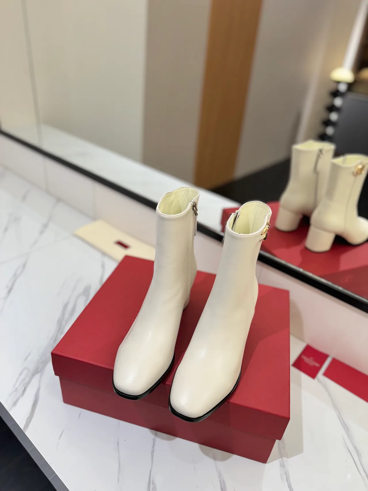 Valentino Calfskin Glossy Square-Toe Ankle Boots in White · view 3