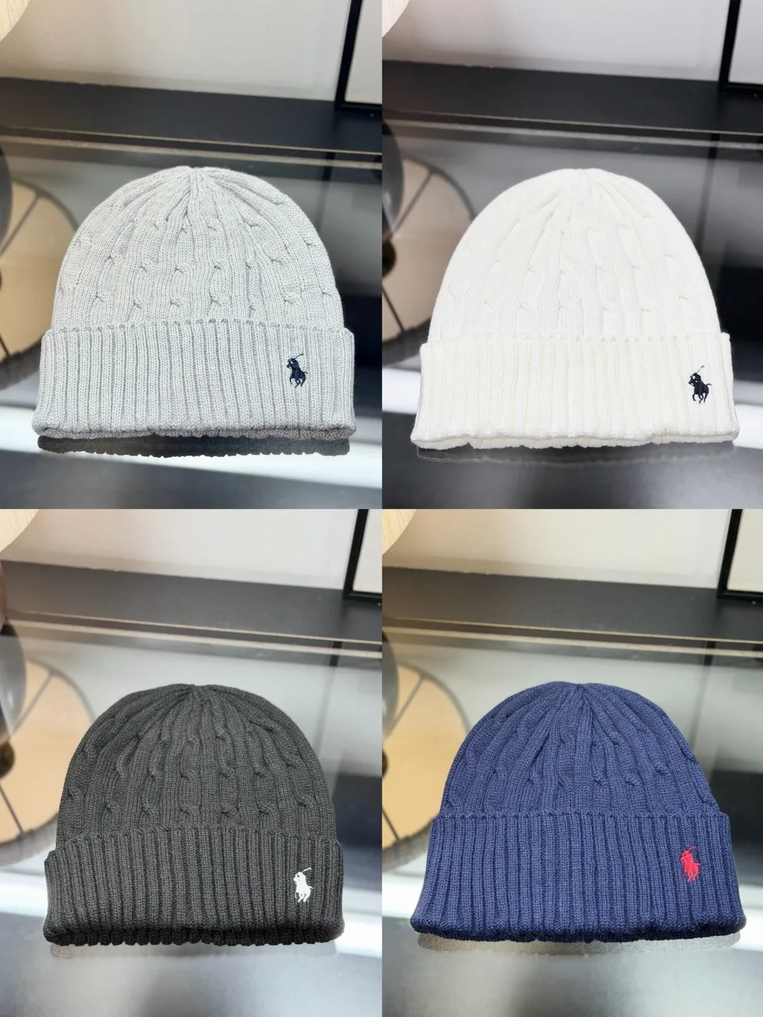 Ralph Lauren Cable-Knit Beanie in Blue & Grey & White · view 2