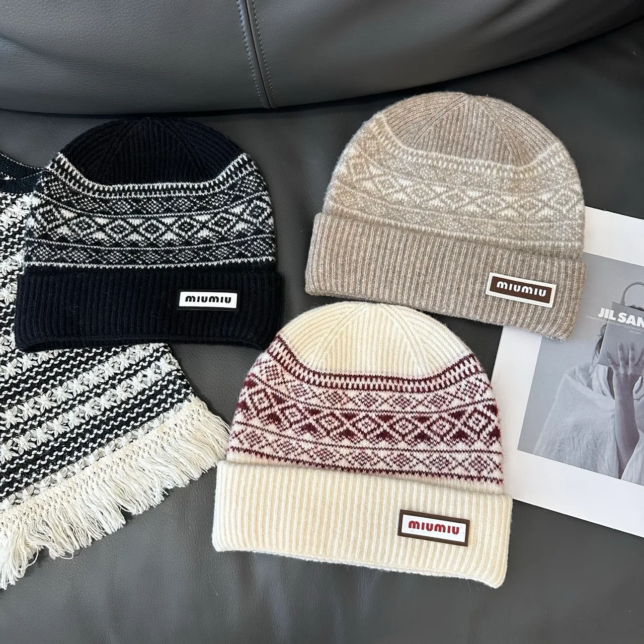 Miu Miu Hat Scarf and Gloves Set in Black & Beige & White · view 4