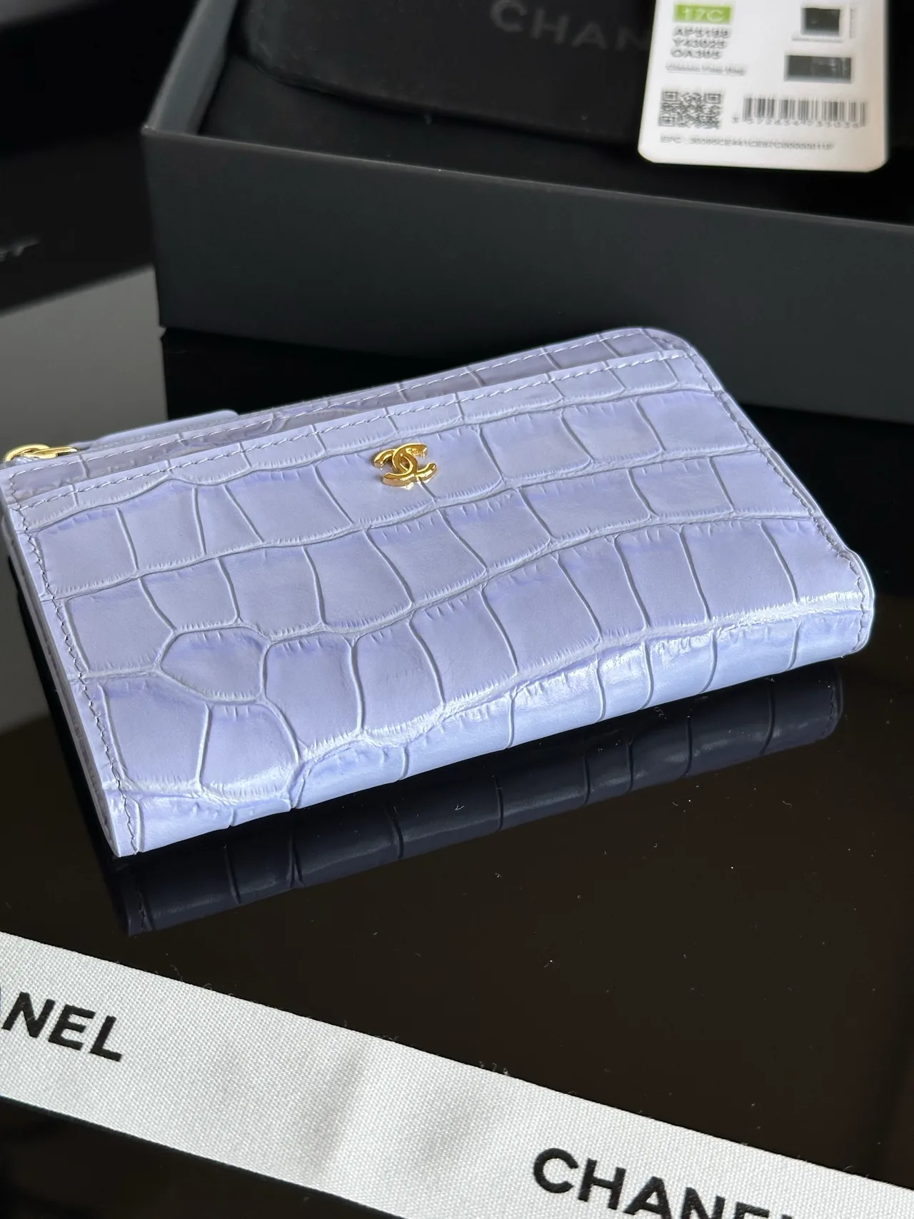 Chanel 26S CF Croc-Embossed Zip Card Holder in Purple · view 1