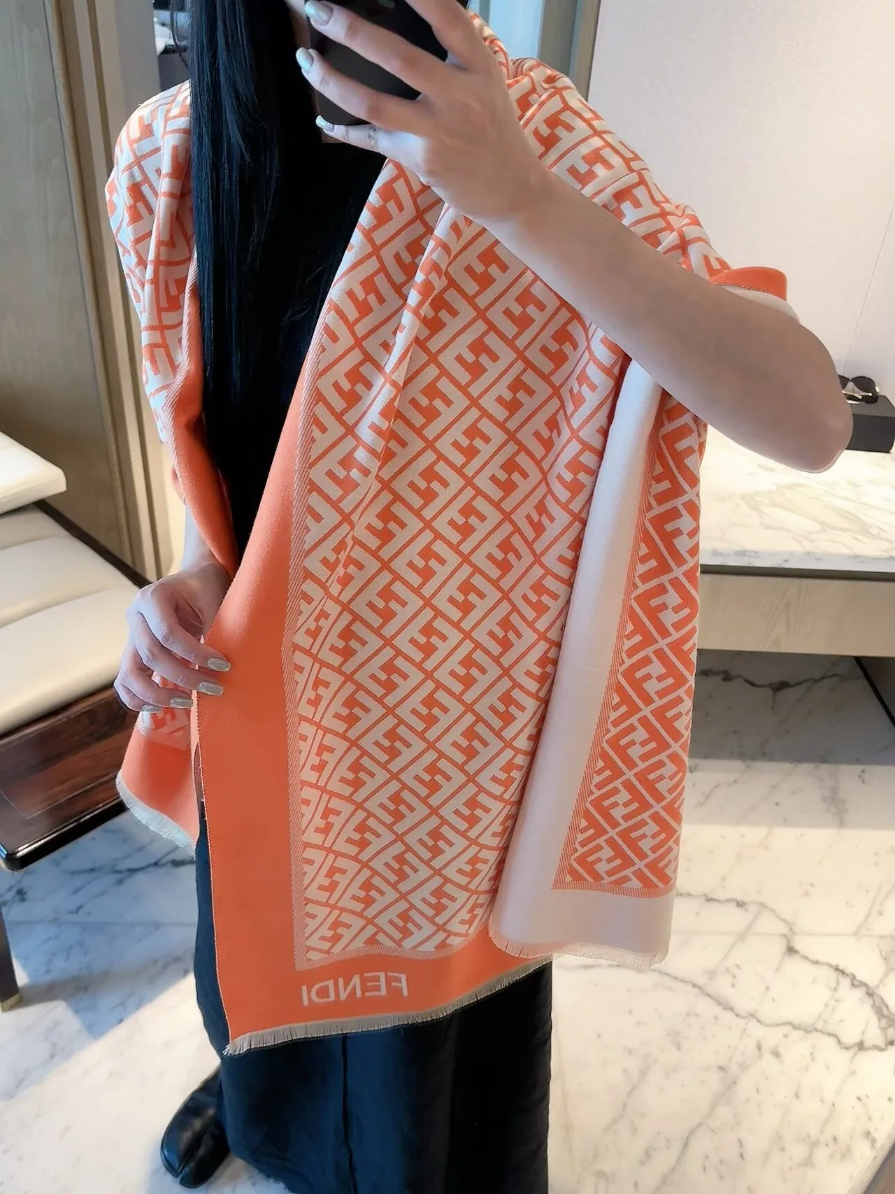 Fendi FF Border Scarf in Orange & Cream & Brown · view 5