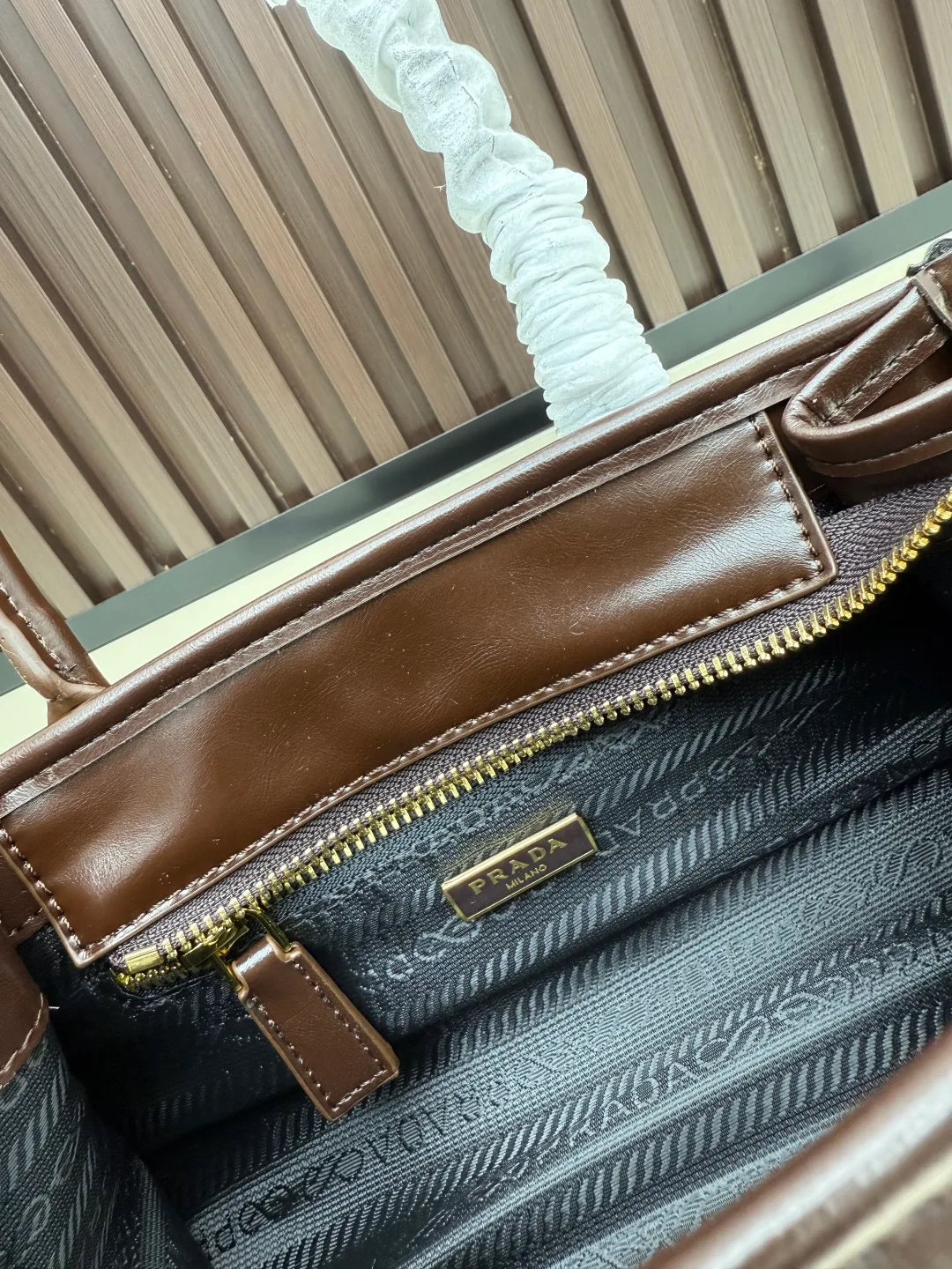 Prada Calfskin Buckle-Detail Structured Top-Handle Bag in Brown · view 8