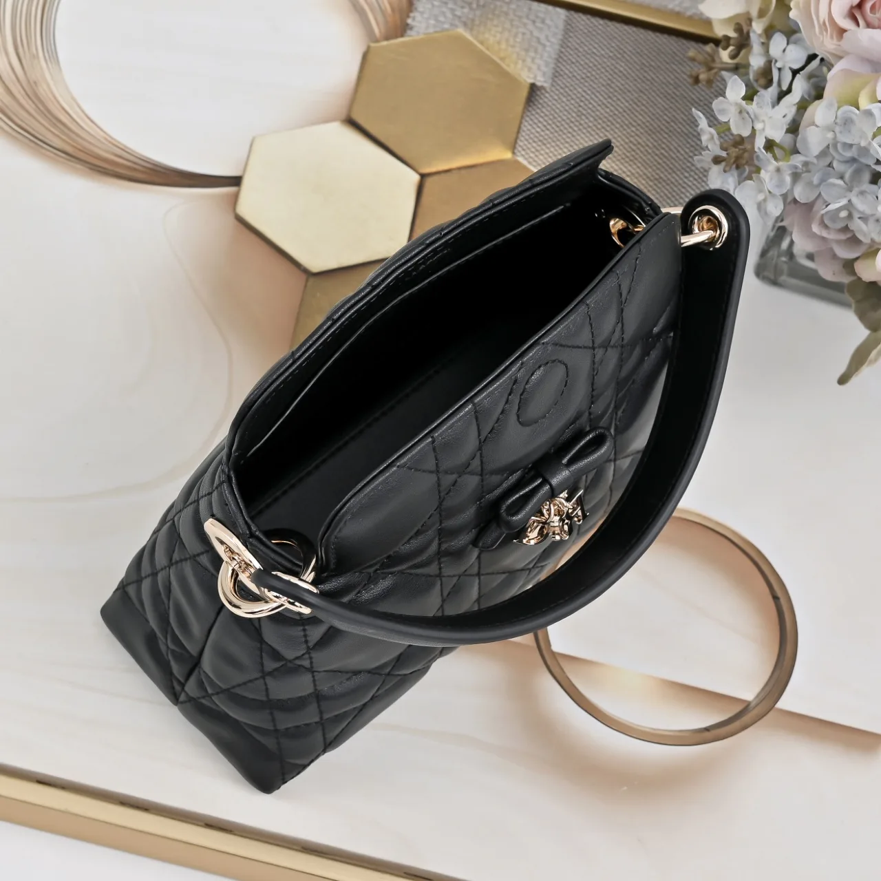Dior Sheepskin Quilted Top-Handle Bag in Black · view 8