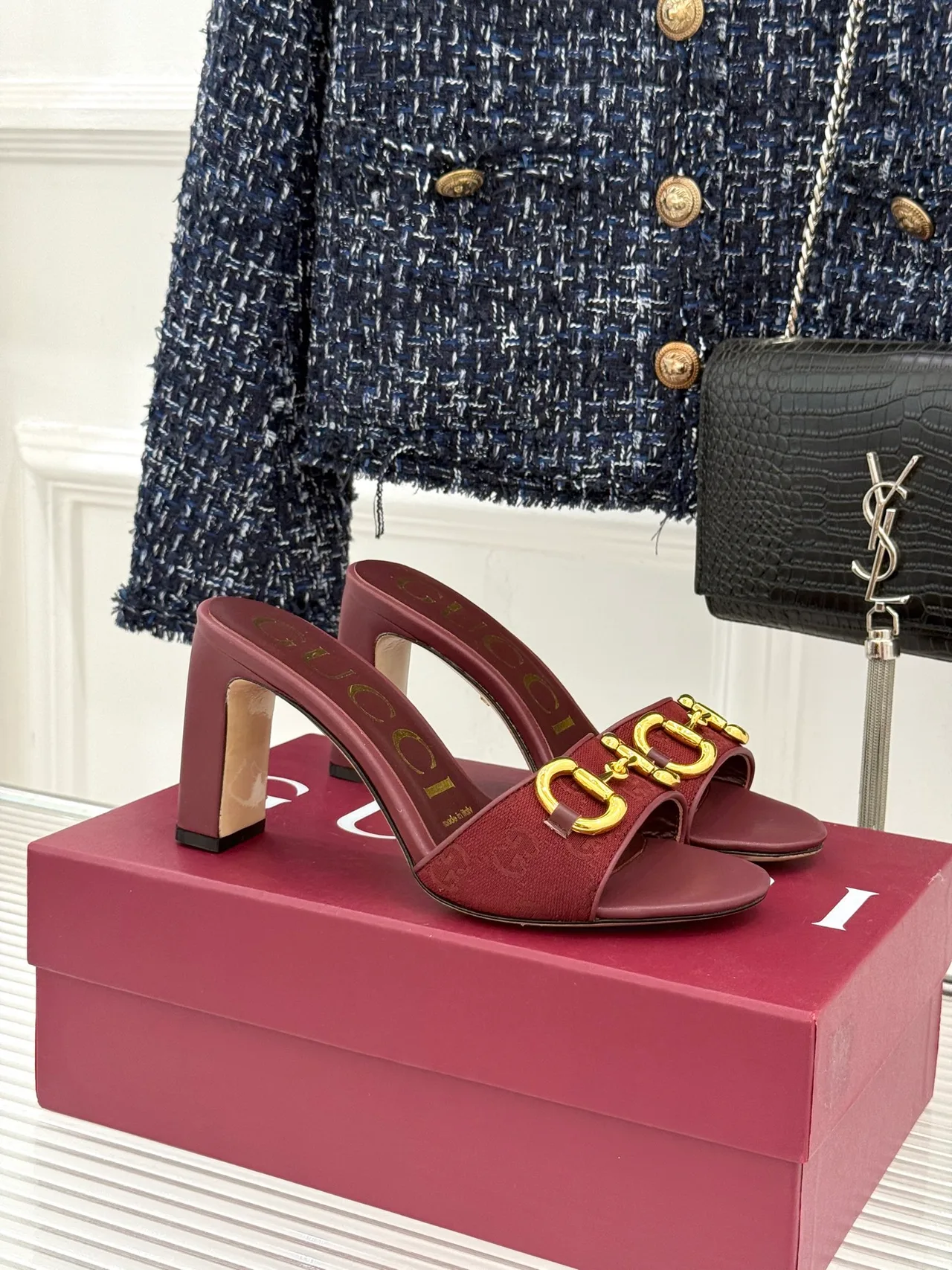 Gucci Canvas Denim Glossy Buckle Mules in Burgundy · view 1