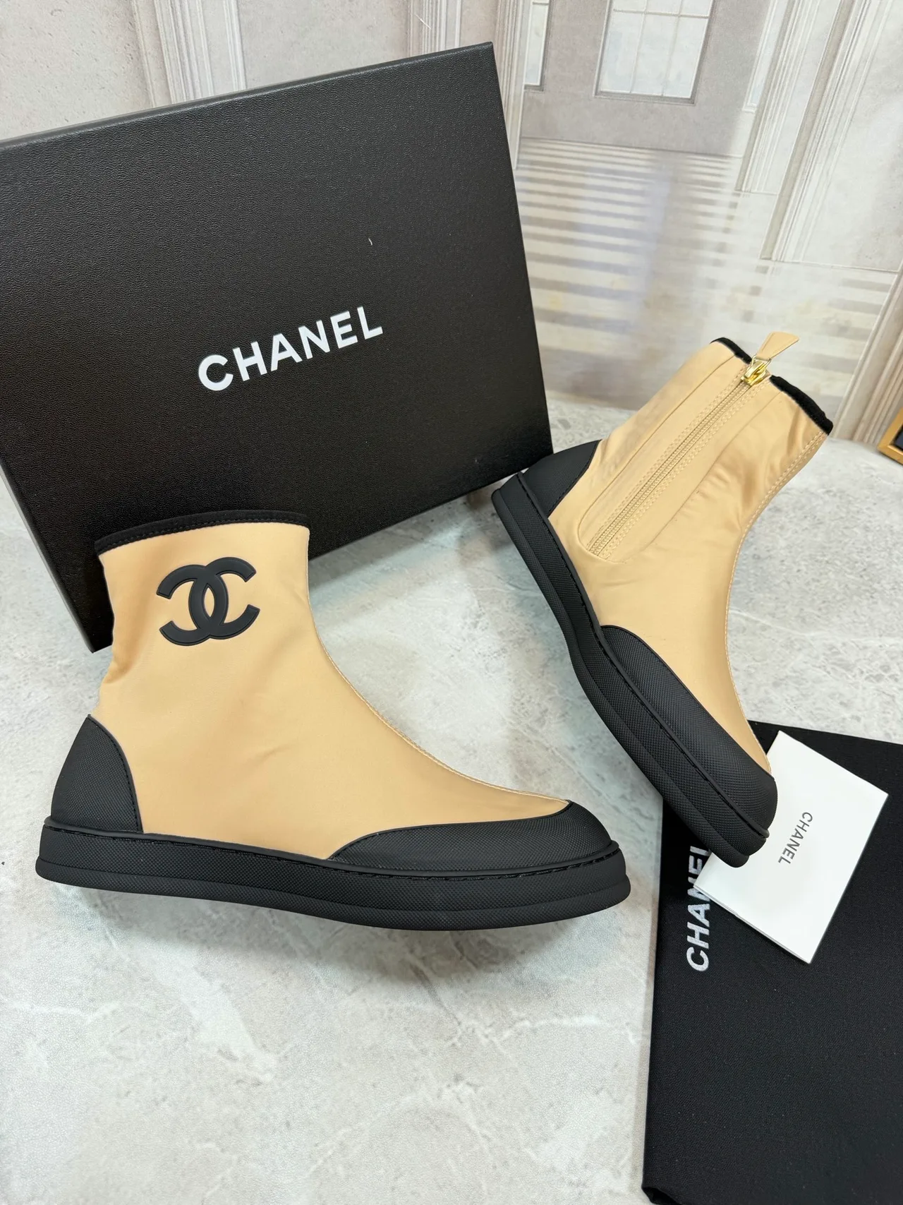 Chanel Cowhide Glossy Ankle Boots in Beige · view 3