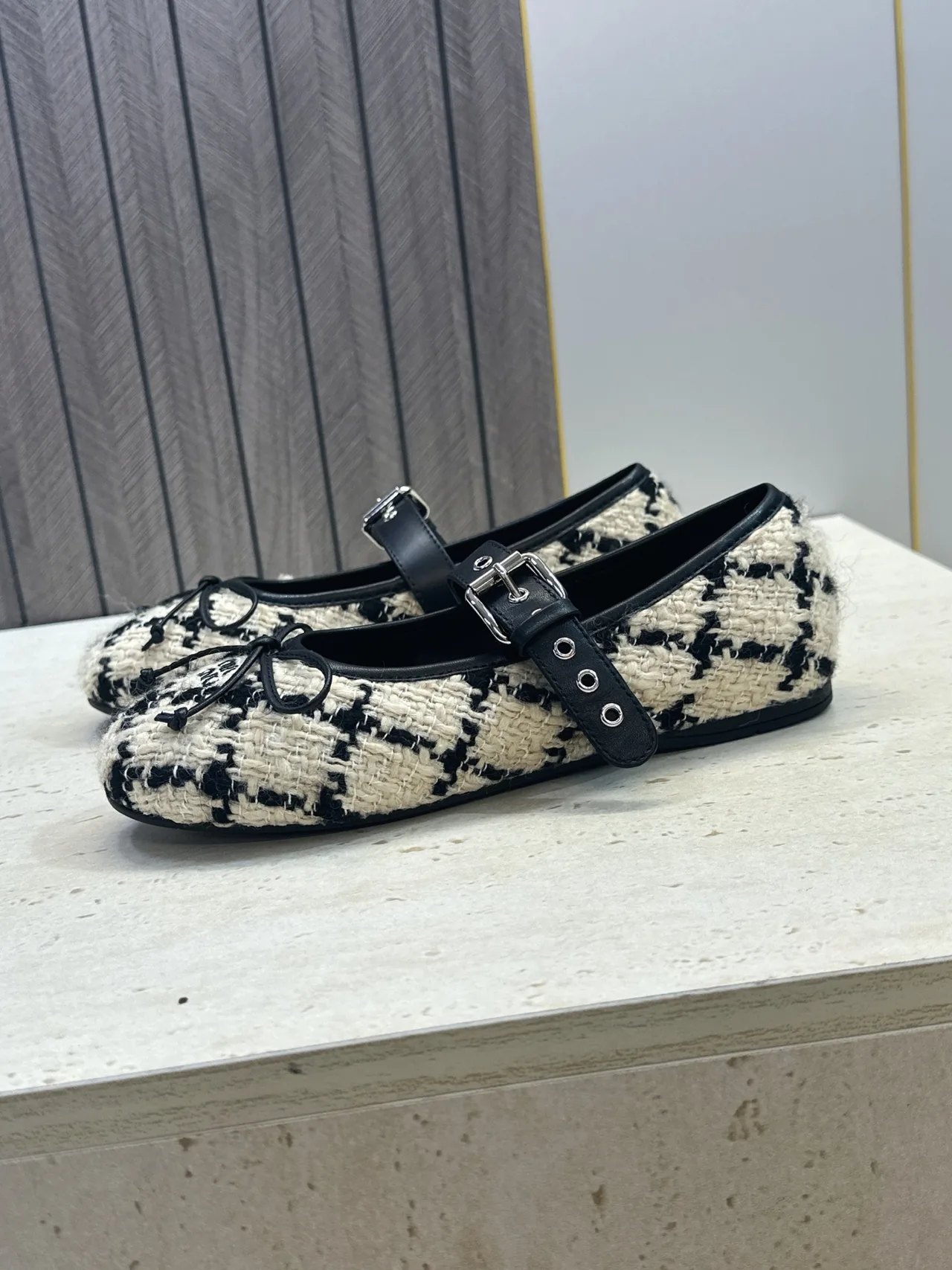 Miu Miu Calfskin Check Square-Toe Round-Toe Mary Jane Flats in Black · view 5