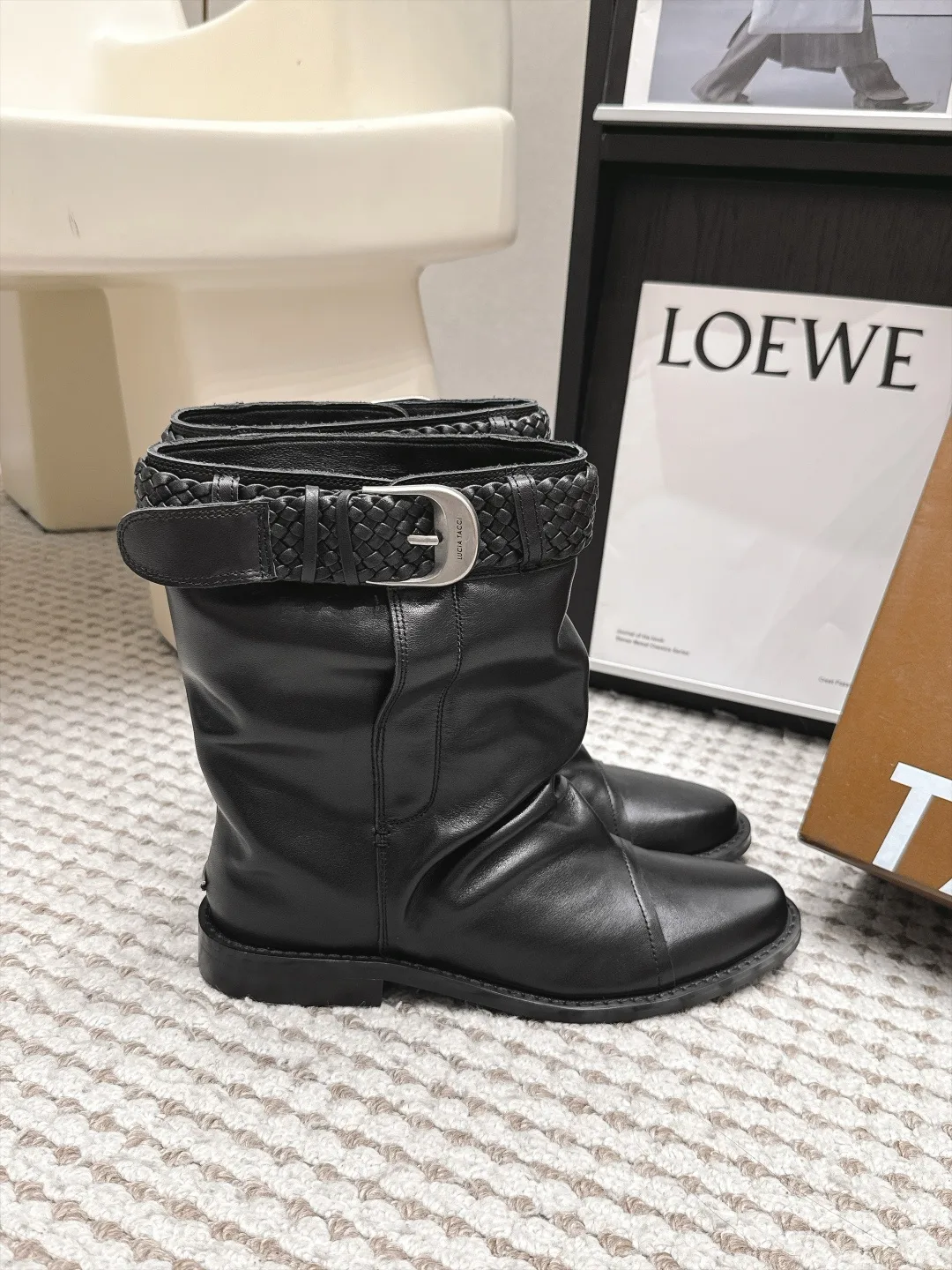 Loewe Woven Glossy Pointed-Toe Buckle Boots in Black · view 2