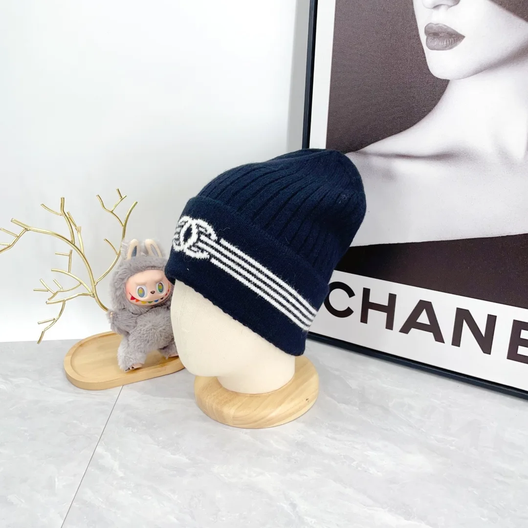 Chanel Ribbed Striped Beanie in Blue · view 4