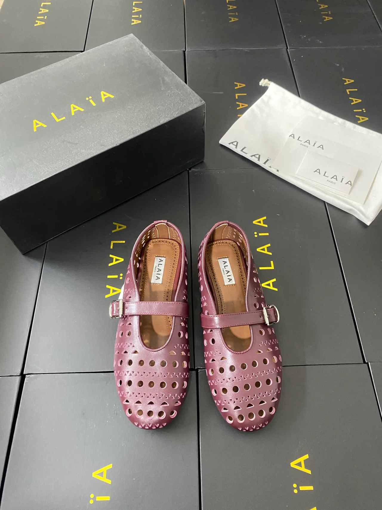 Alaia Cowhide Sheepskin Smooth Buckle Ballet Flats in Pink · view 1