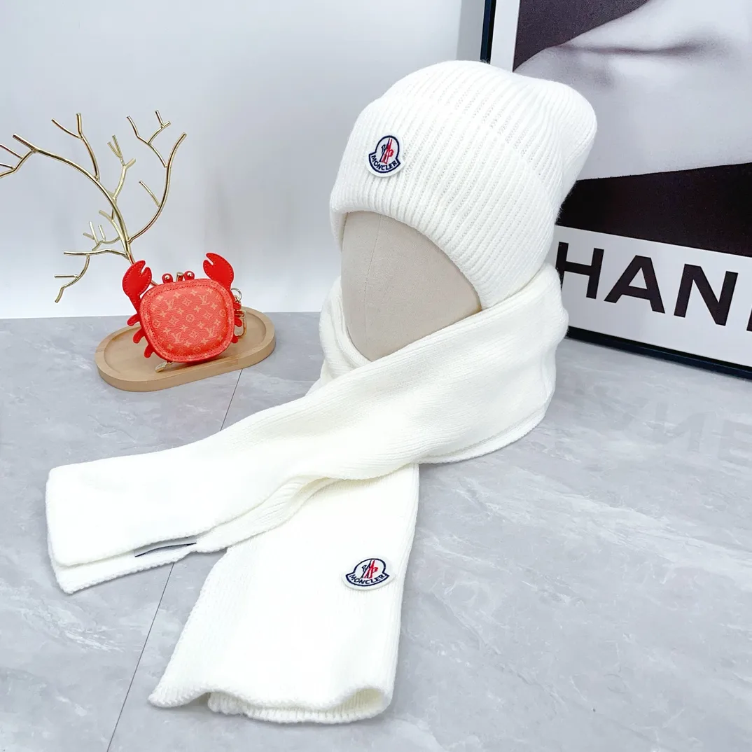Moncler Wool Ribbed Beanie and Scarf Set in White · view 1