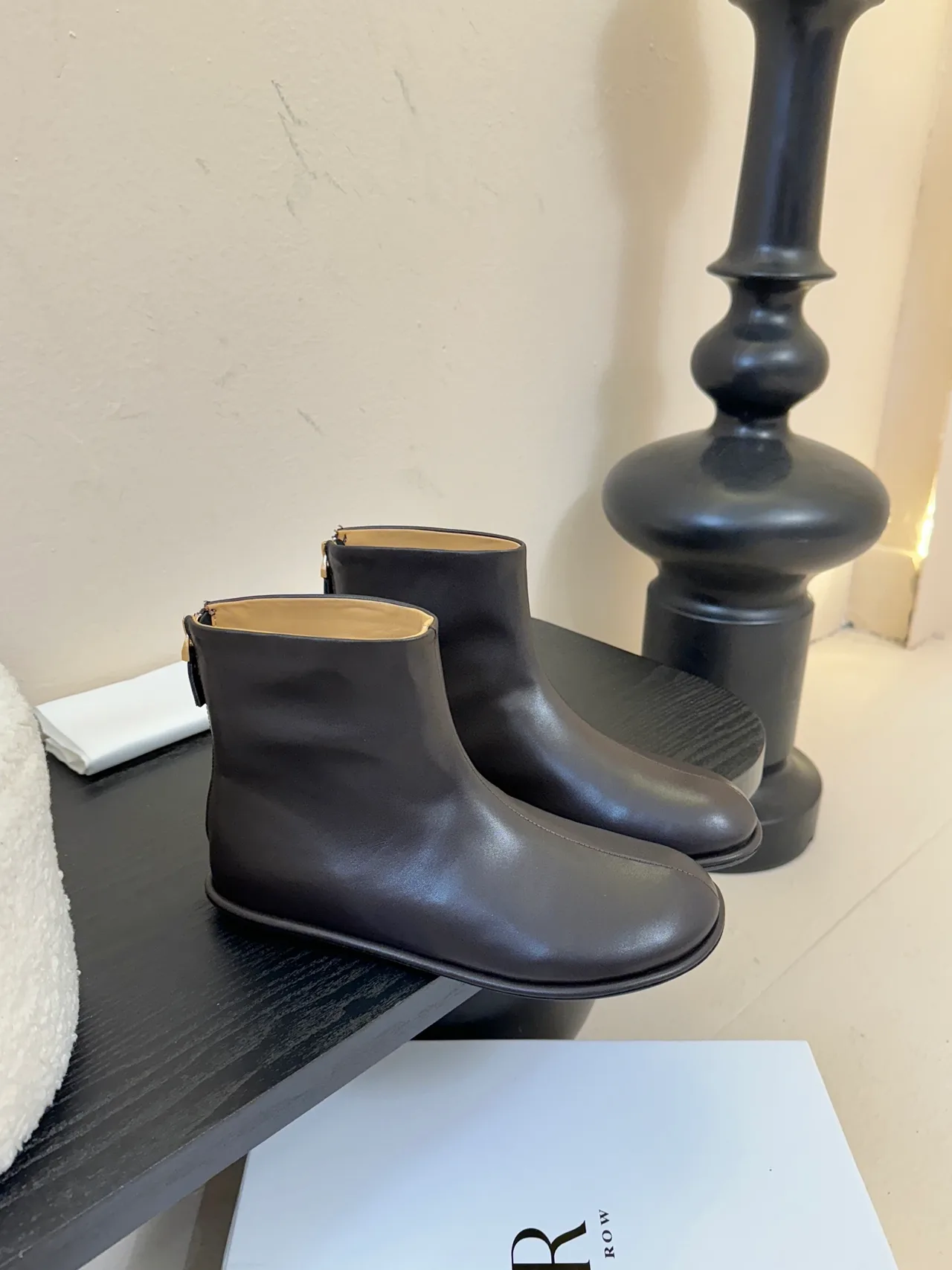The Row Cowhide Glossy Round-Toe Chelsea Ankle Boots in Brown · view 3