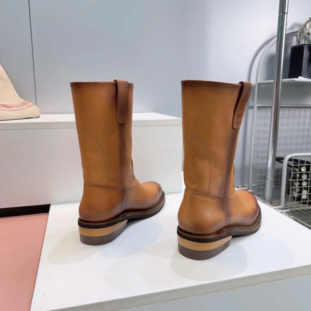 Miu Miu Cowhide Smooth Round-Toe Mid-Calf Boots in Brown · view 2