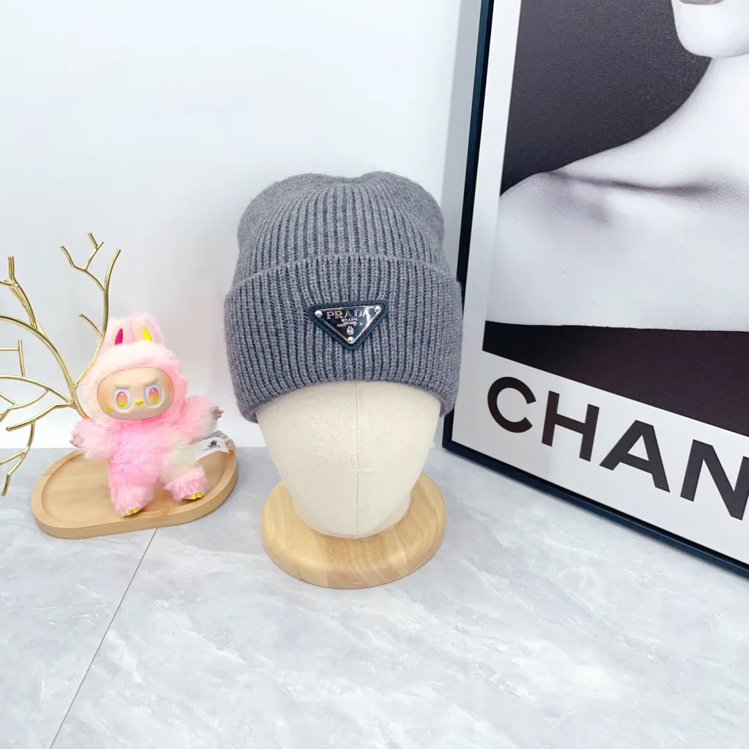 Prada Wool Triangle Logo Knit Beanie in Grey · view 2