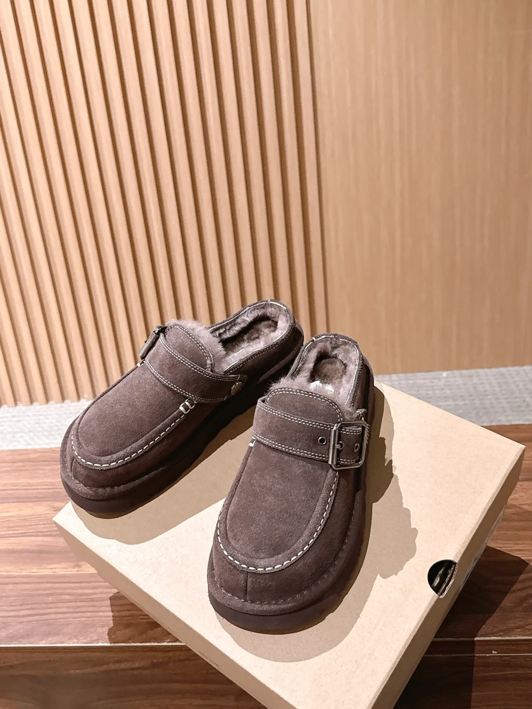 UGG Suede-Look Buckle Platform Loafer Mules in Brown · view 4
