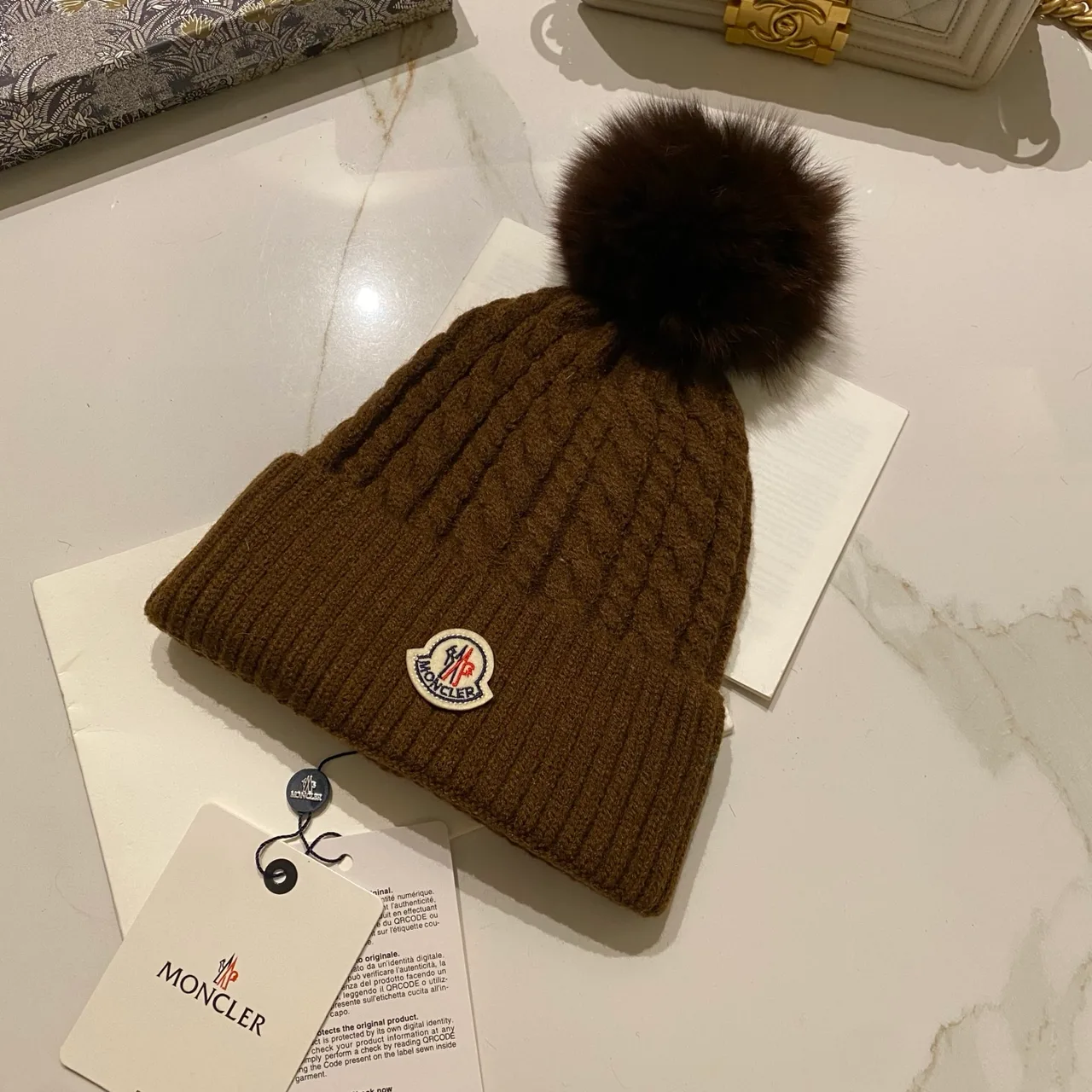 Moncler Pom-Pom Beanie in Black & White & Cream & Tan & Grey & Burgundy & Brown · view 7
