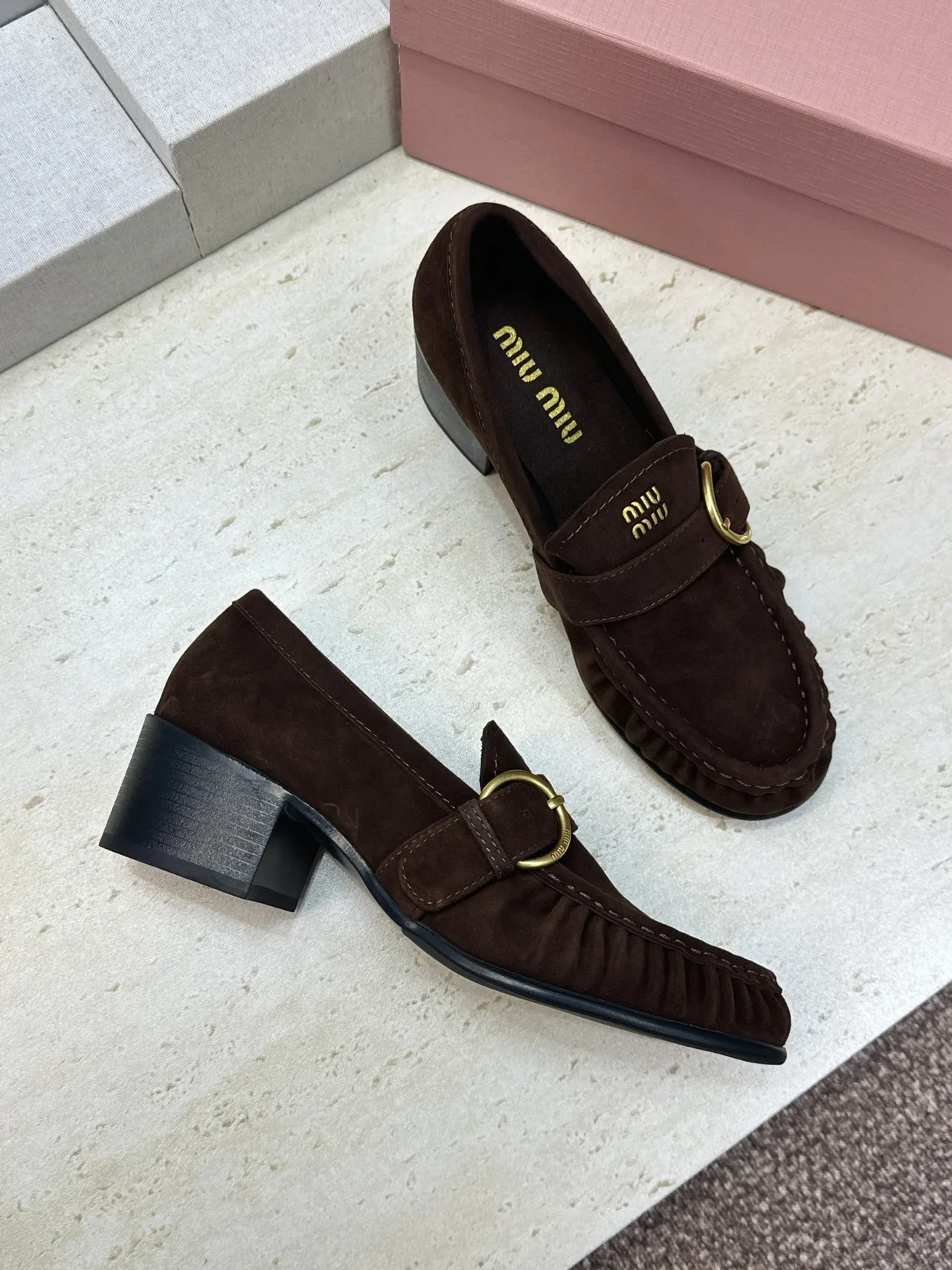 Miu Miu Cowhide Sheepskin Buckle Suede Heeled Loafers in Brown · view 4