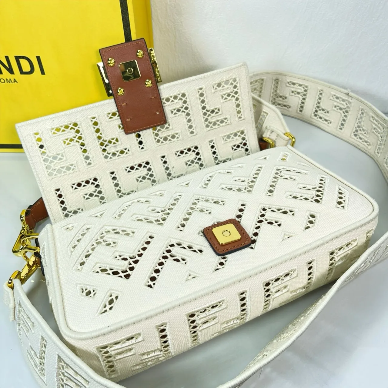 Fendi Canvas Cutout FF-Pattern Flap Shoulder Bag in White · view 4