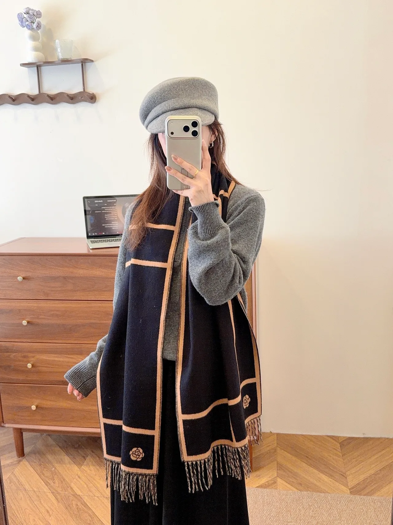 Chanel Camellia Grid Scarf in Black · view 6