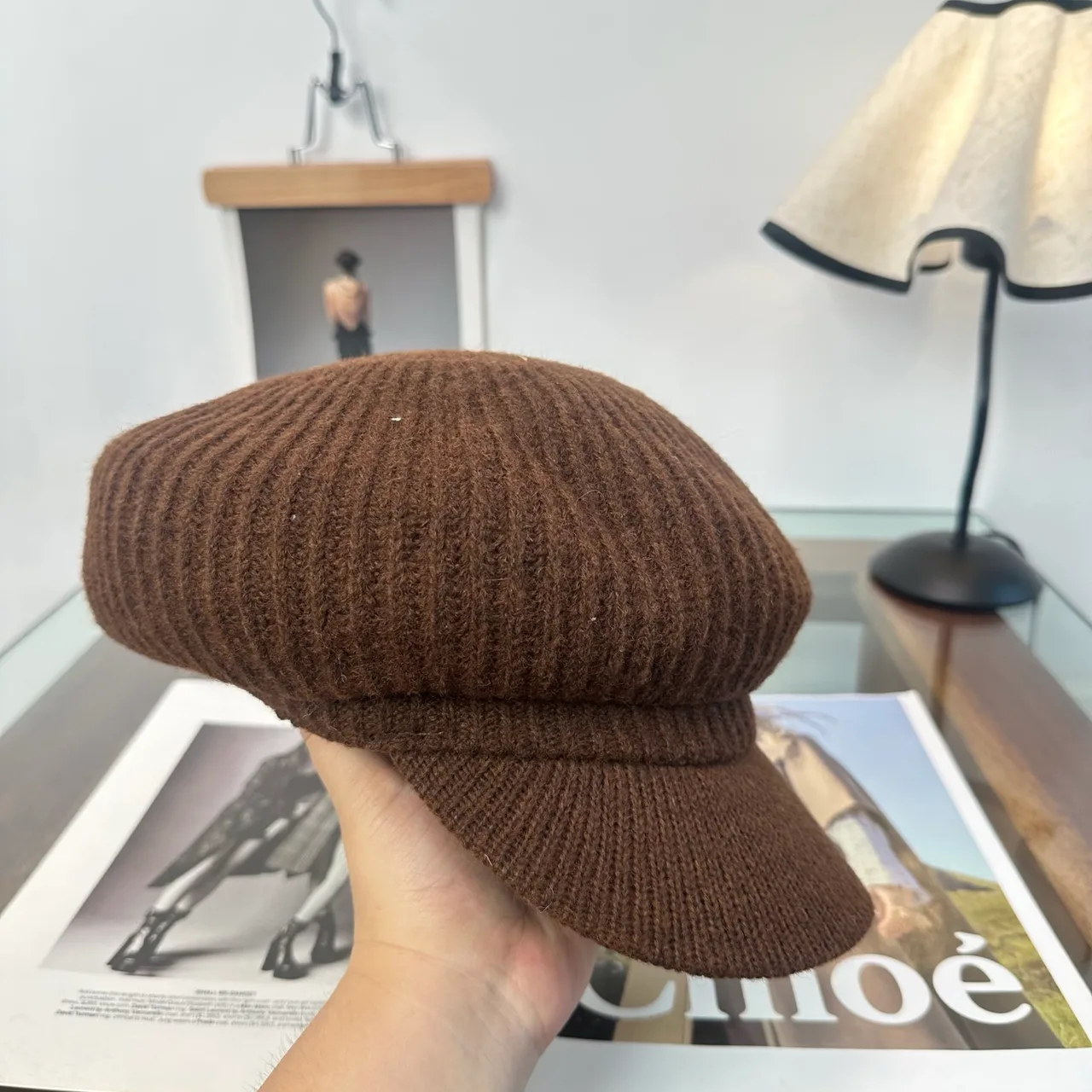 Miu Miu Ribbed Knit Brimmed Cap in Brown · view 4