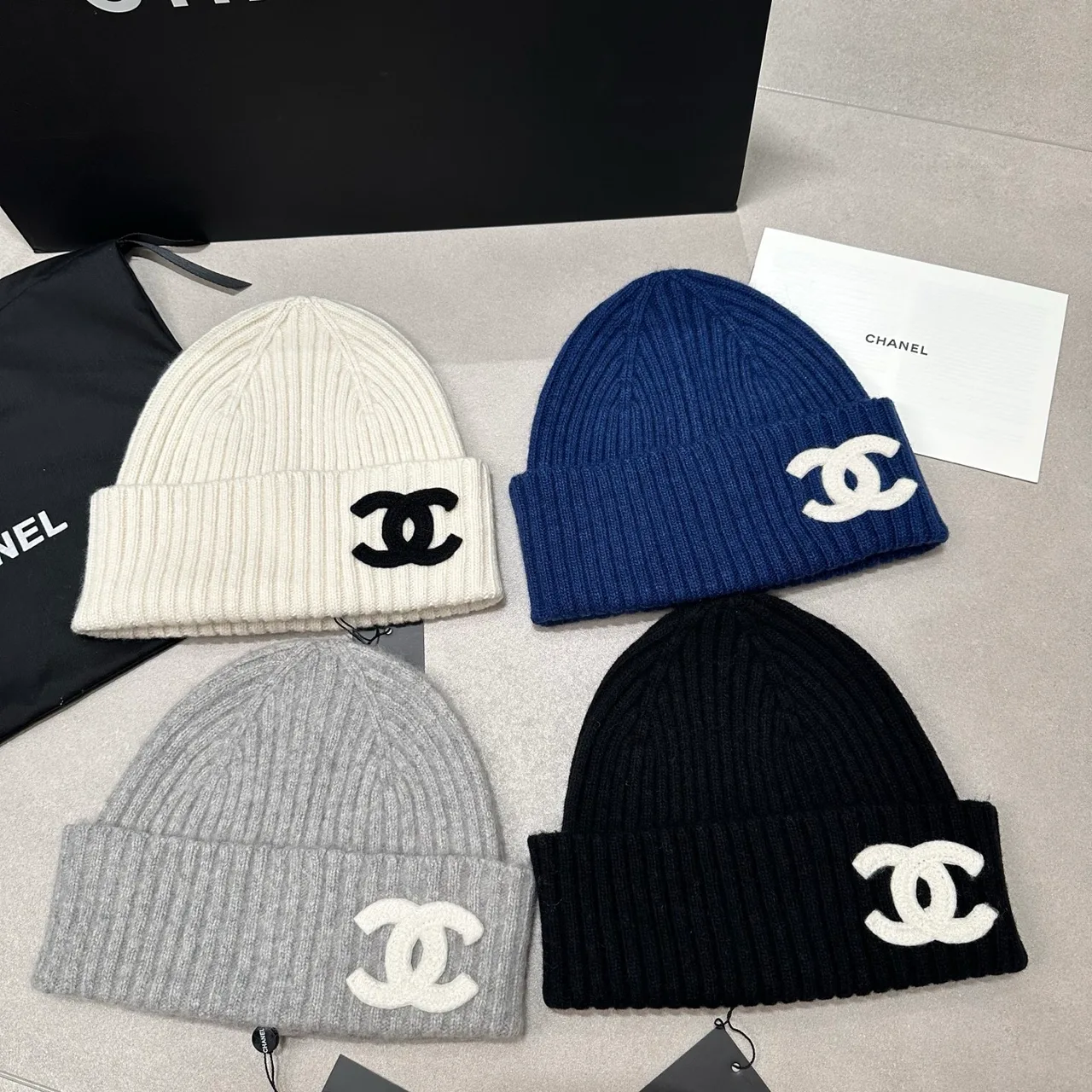 Chanel Knit Beanie in Cream & Black & Blue & Grey · view 7