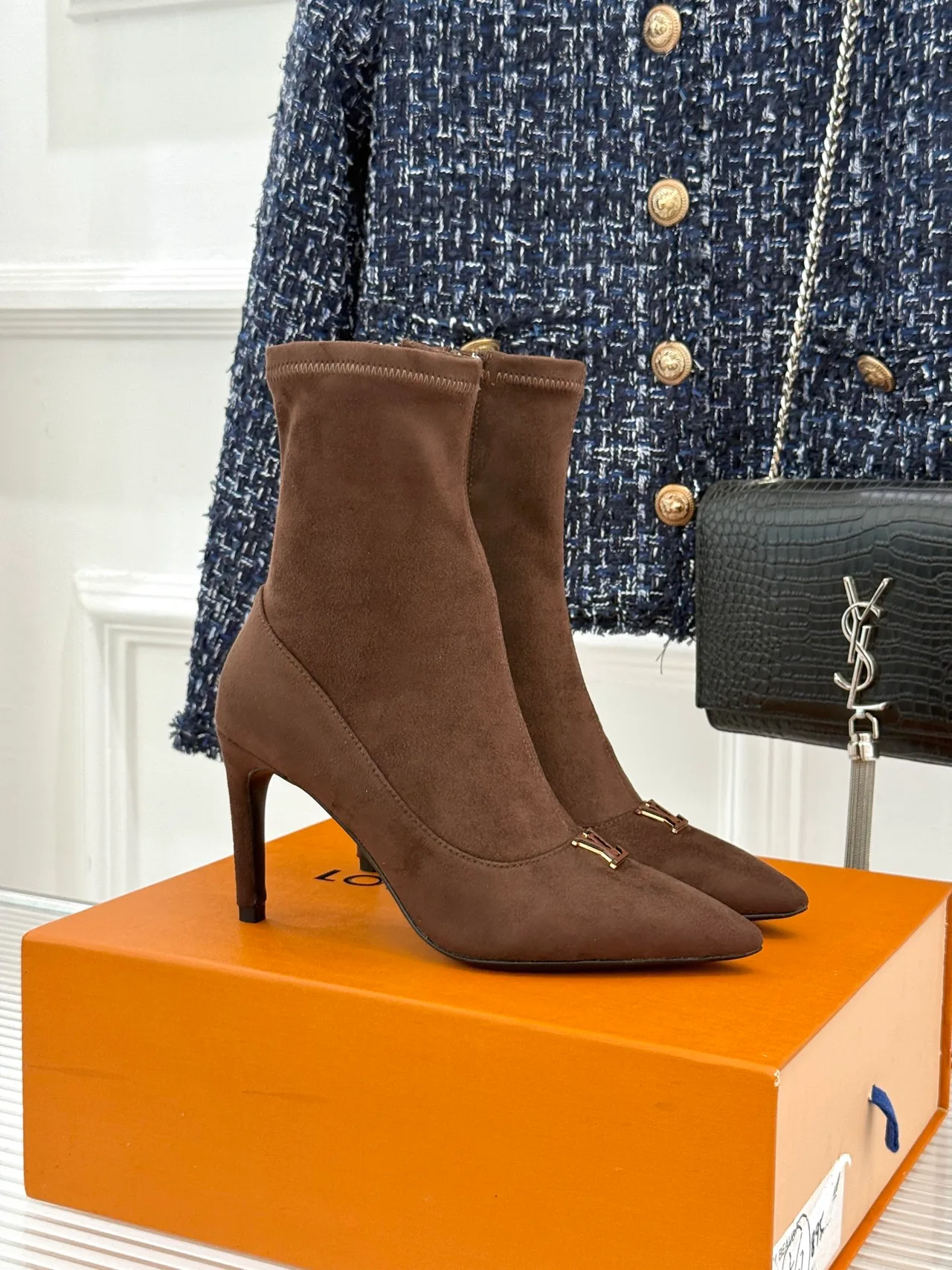 Louis Vuitton Denim Suede-Look Pointed-Toe Pumps in Brown · view 1