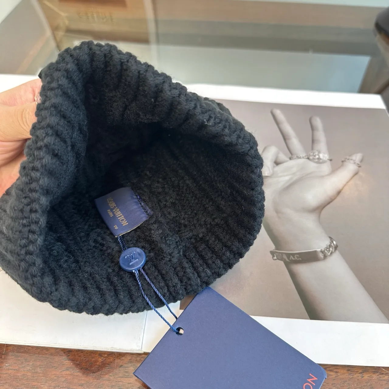 Louis Vuitton Cable-Knit Beanie in Blue & Beige & White & Brown & Black · view 8