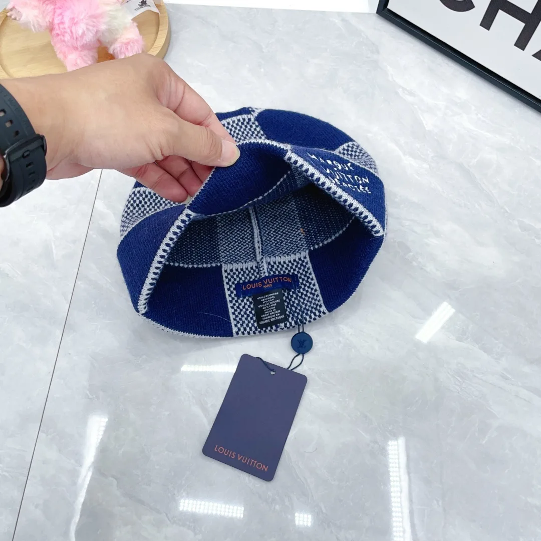Louis Vuitton Wool Cashmere Embroidered Check Beanie and Scarf Set in Blue · view 6