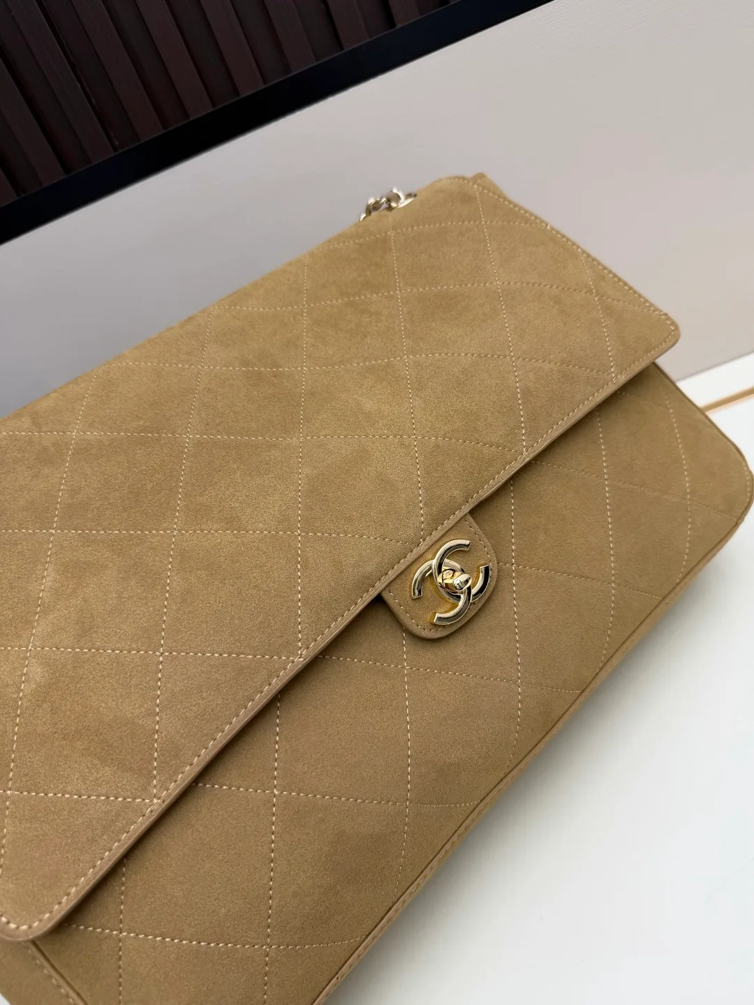 Chanel Suede Quilted Crossbody Bag in Beige · view 5