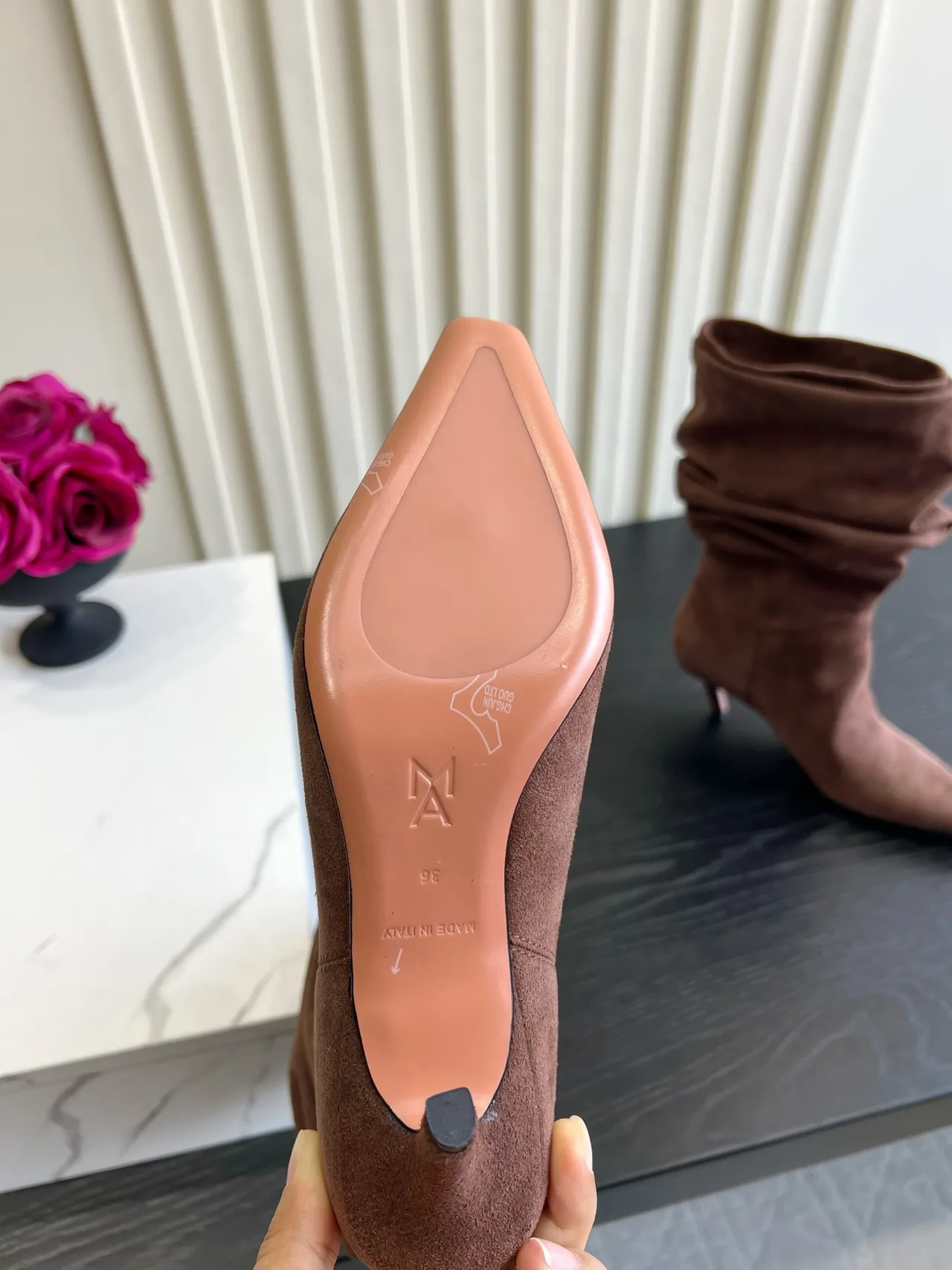 Amina Muaddi Cowhide Ribbed Glossy Pointed-Toe Slouch Ankle Boots in Pink · view 4