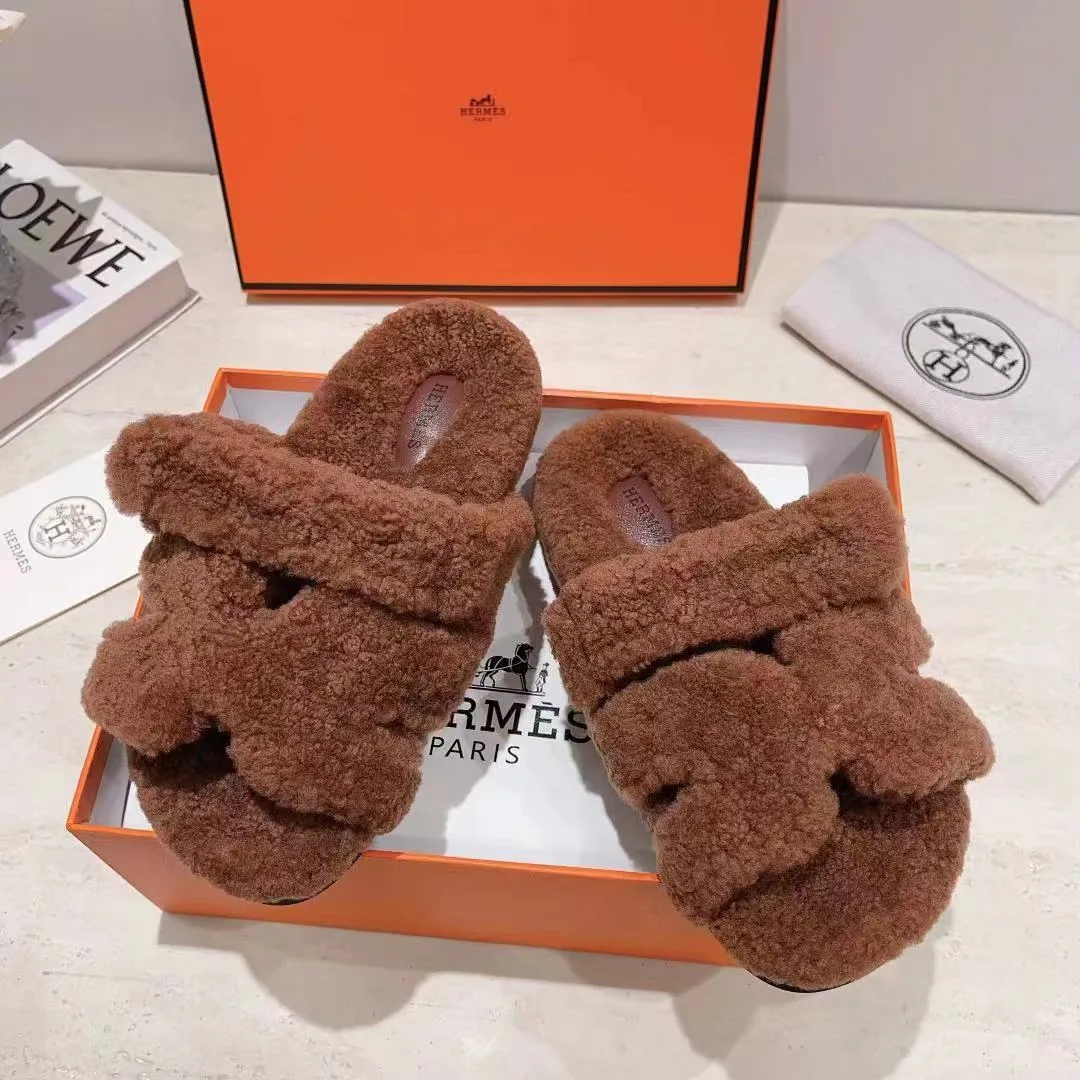 Hermes Sheepskin Chypre Shearling Slides in Brown · view 4