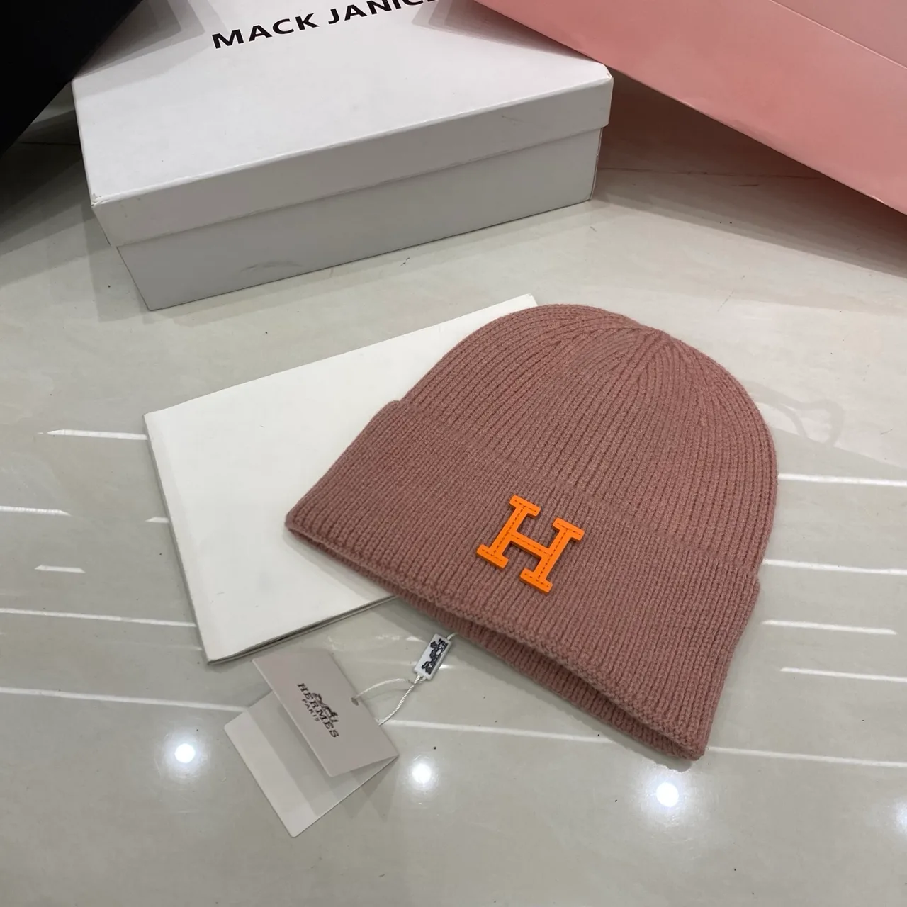 Hermes H Knit Beanie in Grey & Blue & White & Pink & Black & Yellow & Red & Brown & Orange · view 3