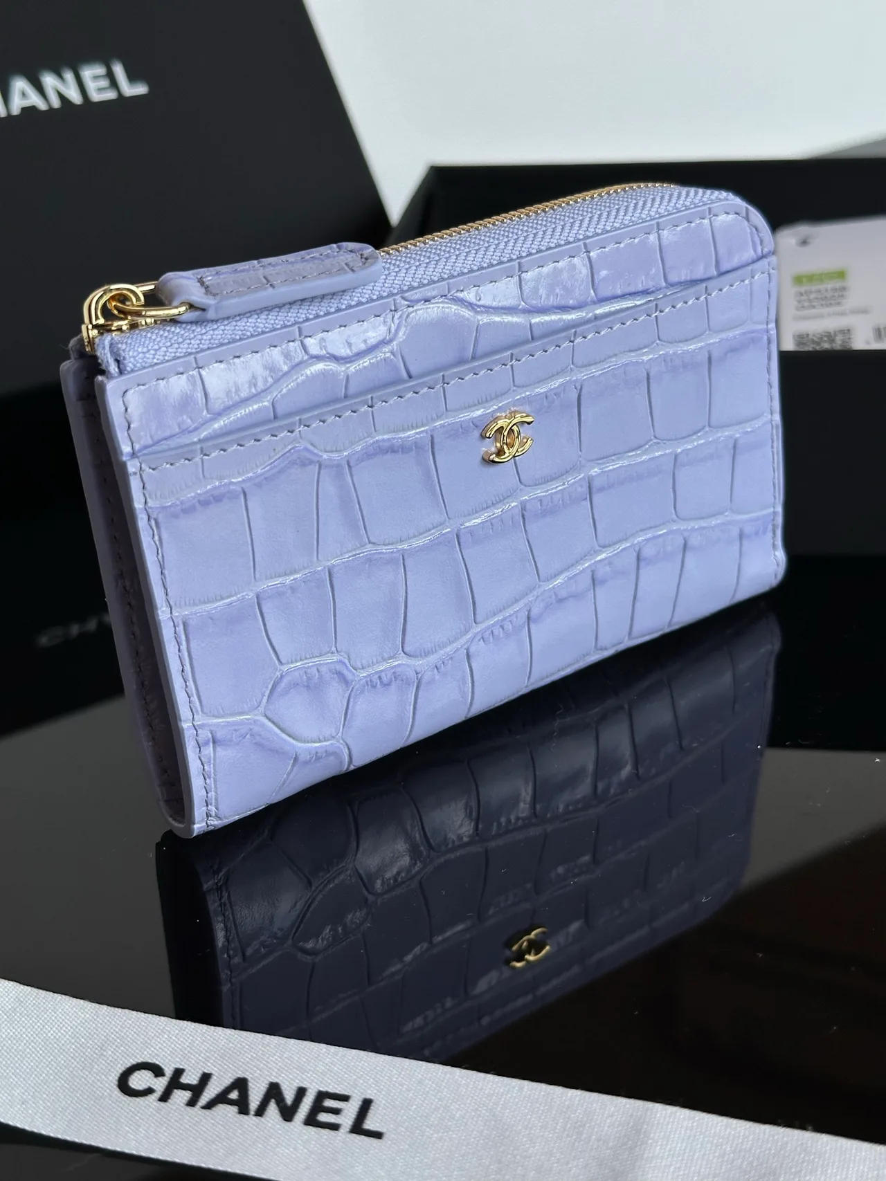 Chanel 26S CF Croc-Embossed Zip Card Holder in Purple · view 4
