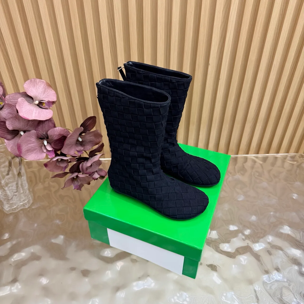 Bottega Veneta Woven Glossy Pointed-Toe Ankle Boots in Black · view 1