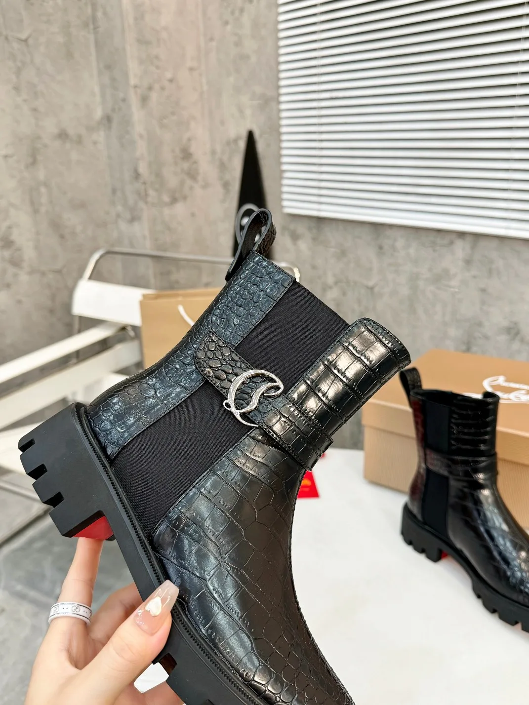 Christian Louboutin Glossy Buckle Ankle Boots in Black · view 8