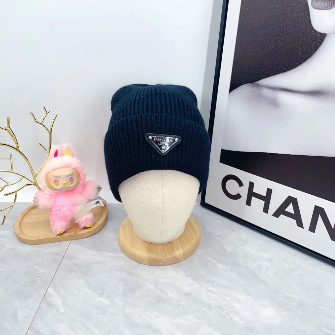Prada Triangle-Badge Beanie in Black & Grey & White & Beige & Brown & Yellow & Blue & Pink & Red · view 5