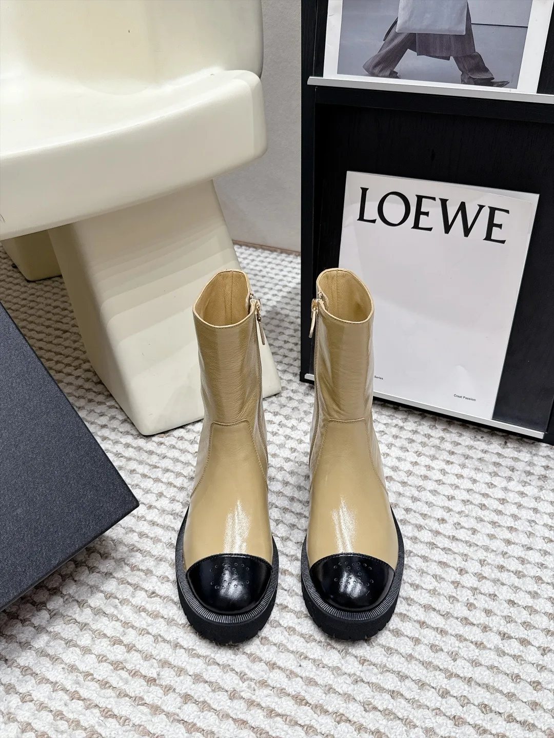 Loewe Cowhide Glossy Cap-Toe Ankle Boots in Tan · view 1