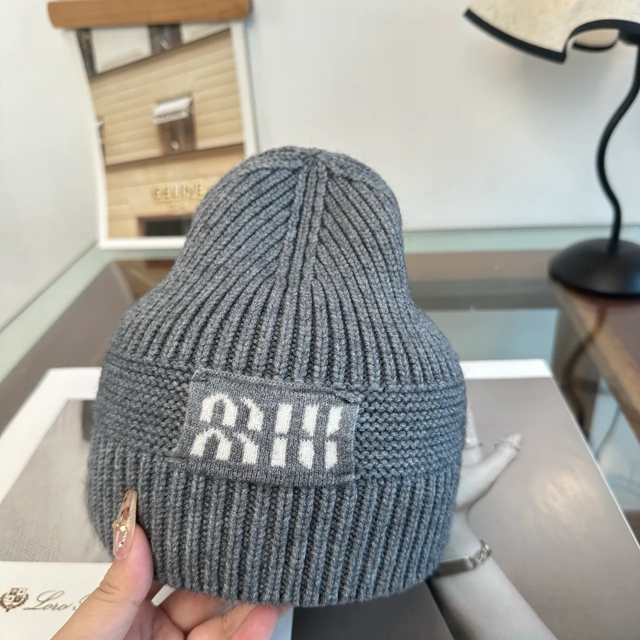 Miu Miu Ribbed Beanie in Grey · view 5