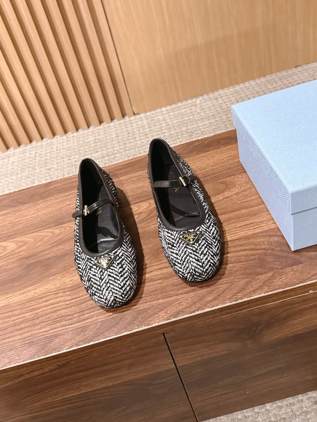 Prada Glossy Round-Toe Mary Jane Flats in Black · view 1