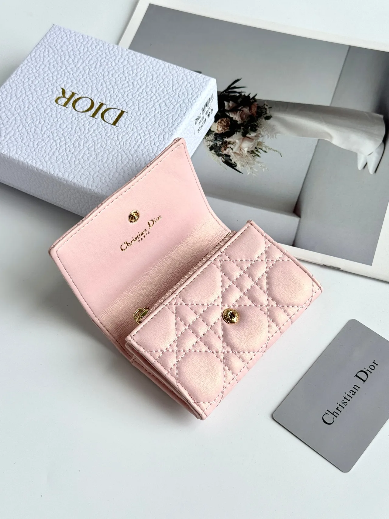 Dior Calfskin Quilted Glossy Wallet in Pink · view 3