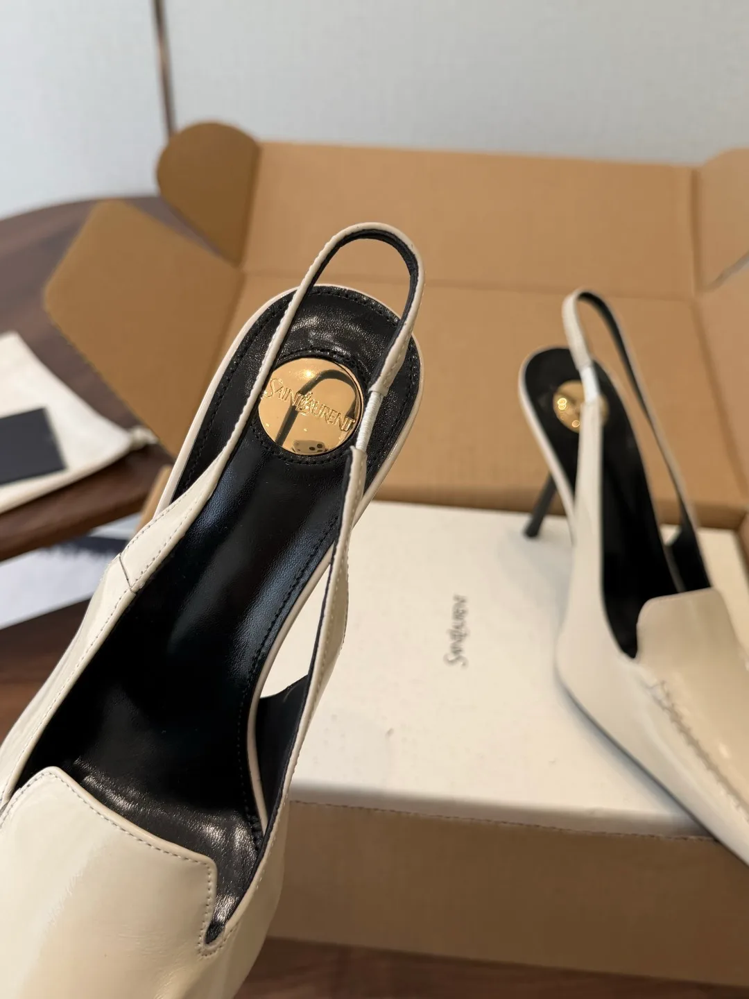Saint Laurent Cowhide Pointed-Toe Slingback Shoes in Cream · view 7