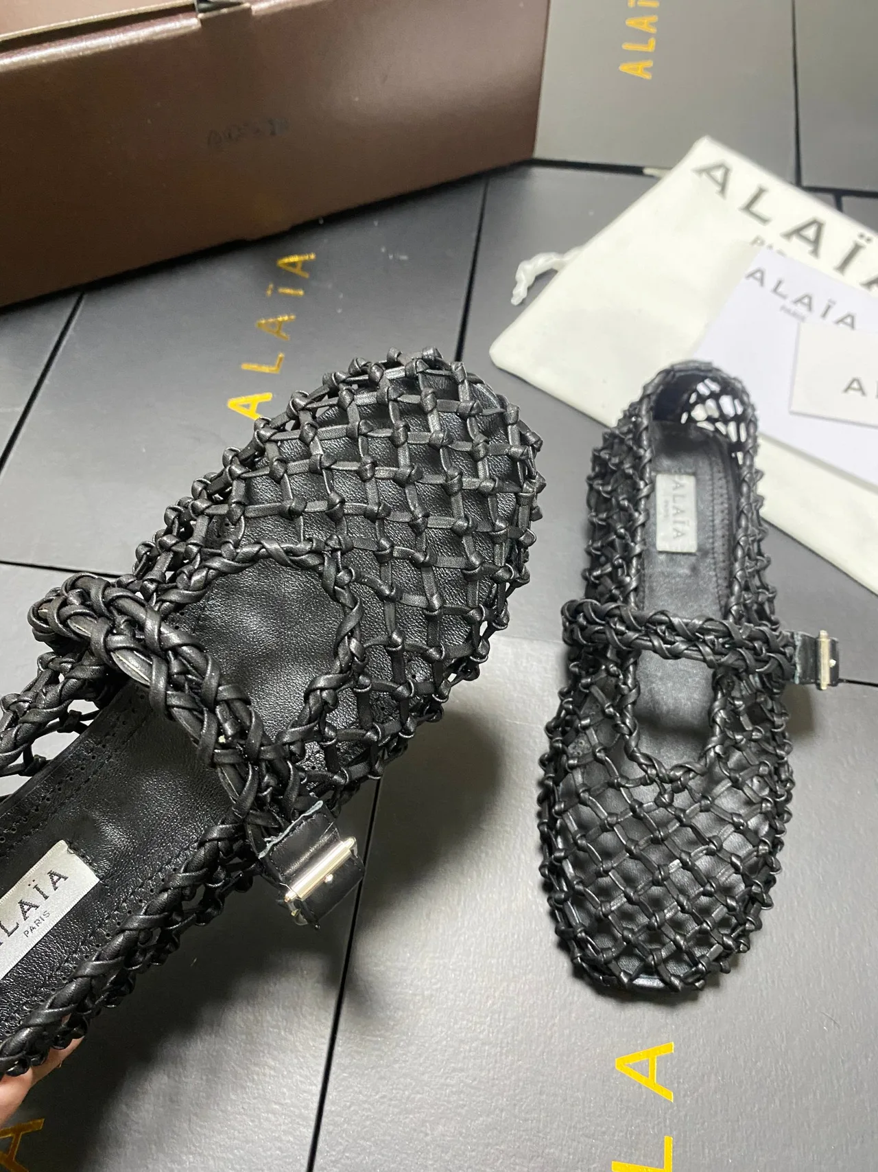Alaia Cowhide Sheepskin Square-Toe Woven Mary Jane Flats in Black · view 7