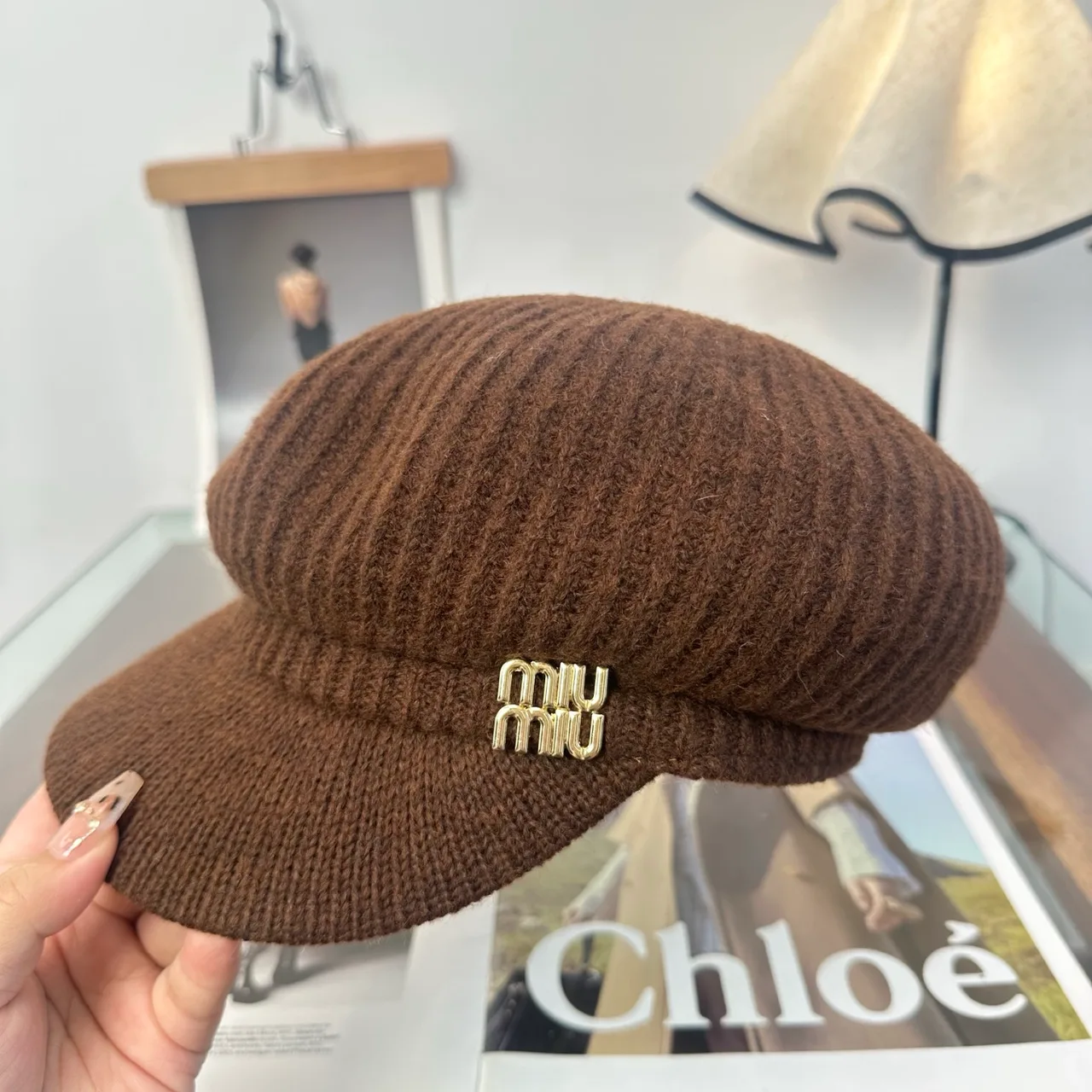 Miu Miu Knit Brimmed Cap in Brown & Beige & Grey & Cream & Black · view 4
