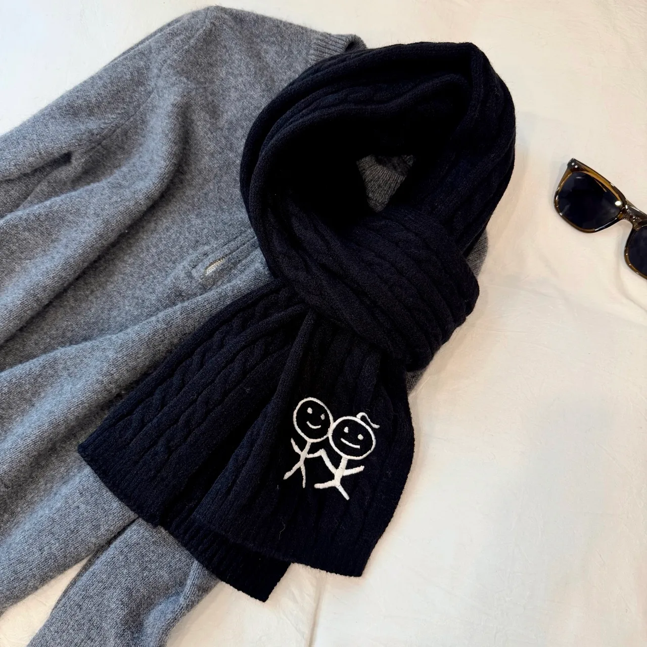 Embroidered Stick-Figure Ribbed Scarf in Black · view 2