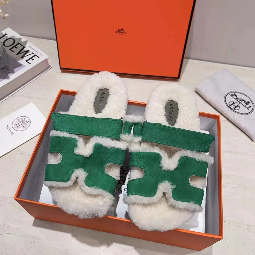Hermes Sheepskin Chypre Shearling Slides in Green · view 2