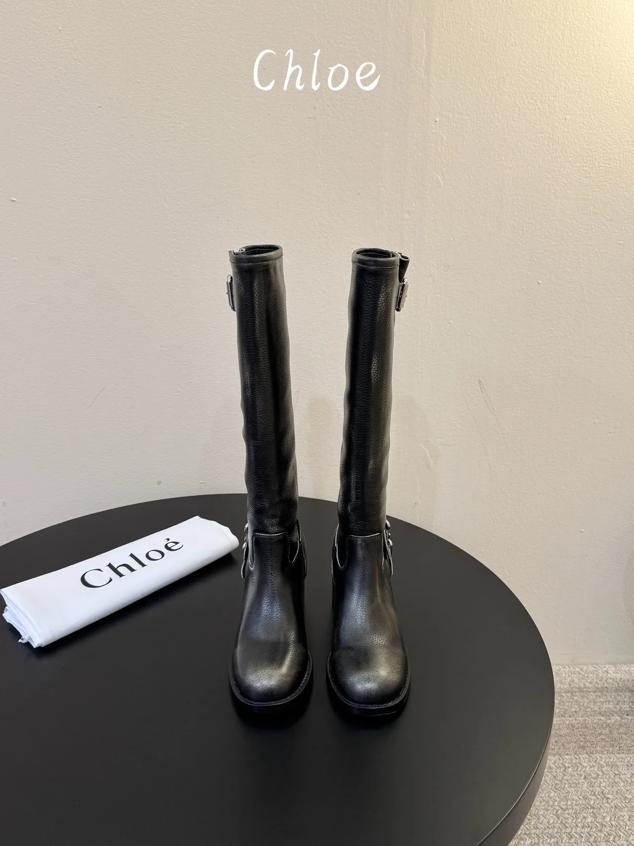 Cowhide Ribbed Glossy Round-Toe Triple-Buckle Knee-High Boots in Black · view 2
