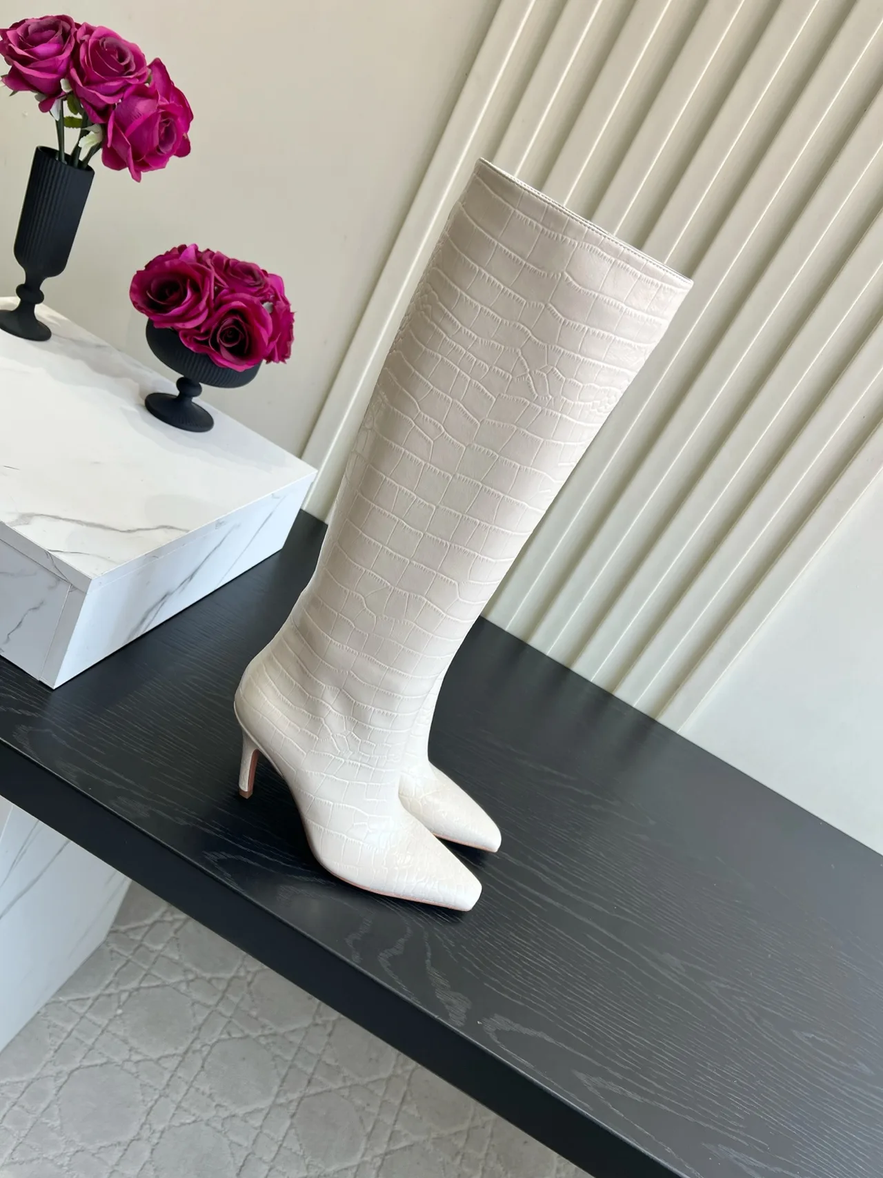 Amina Muaddi Cowhide Knee-High Boots in Cream · view 4