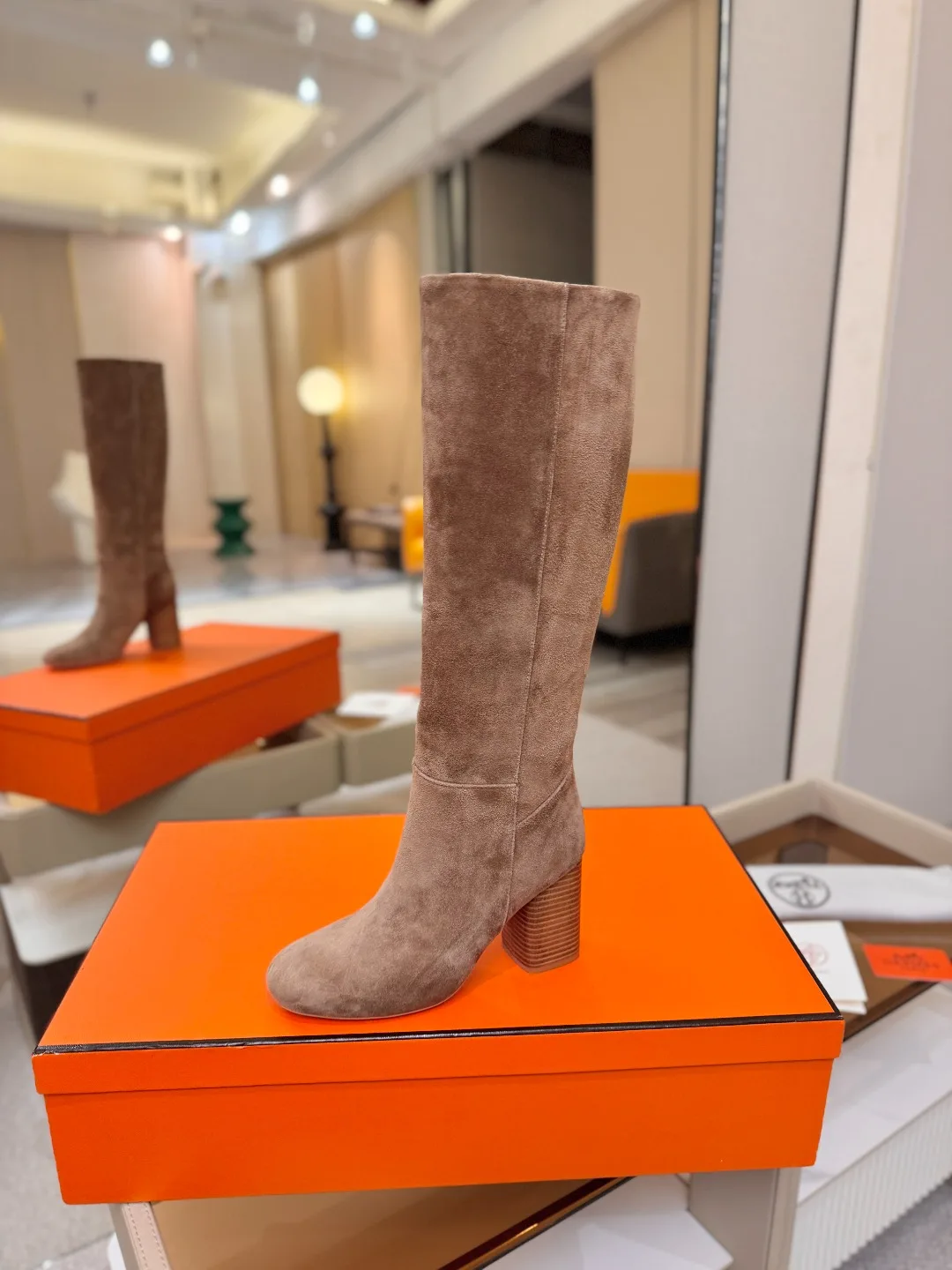 Hermes Cowhide Knee-High Boots in Grey · view 1