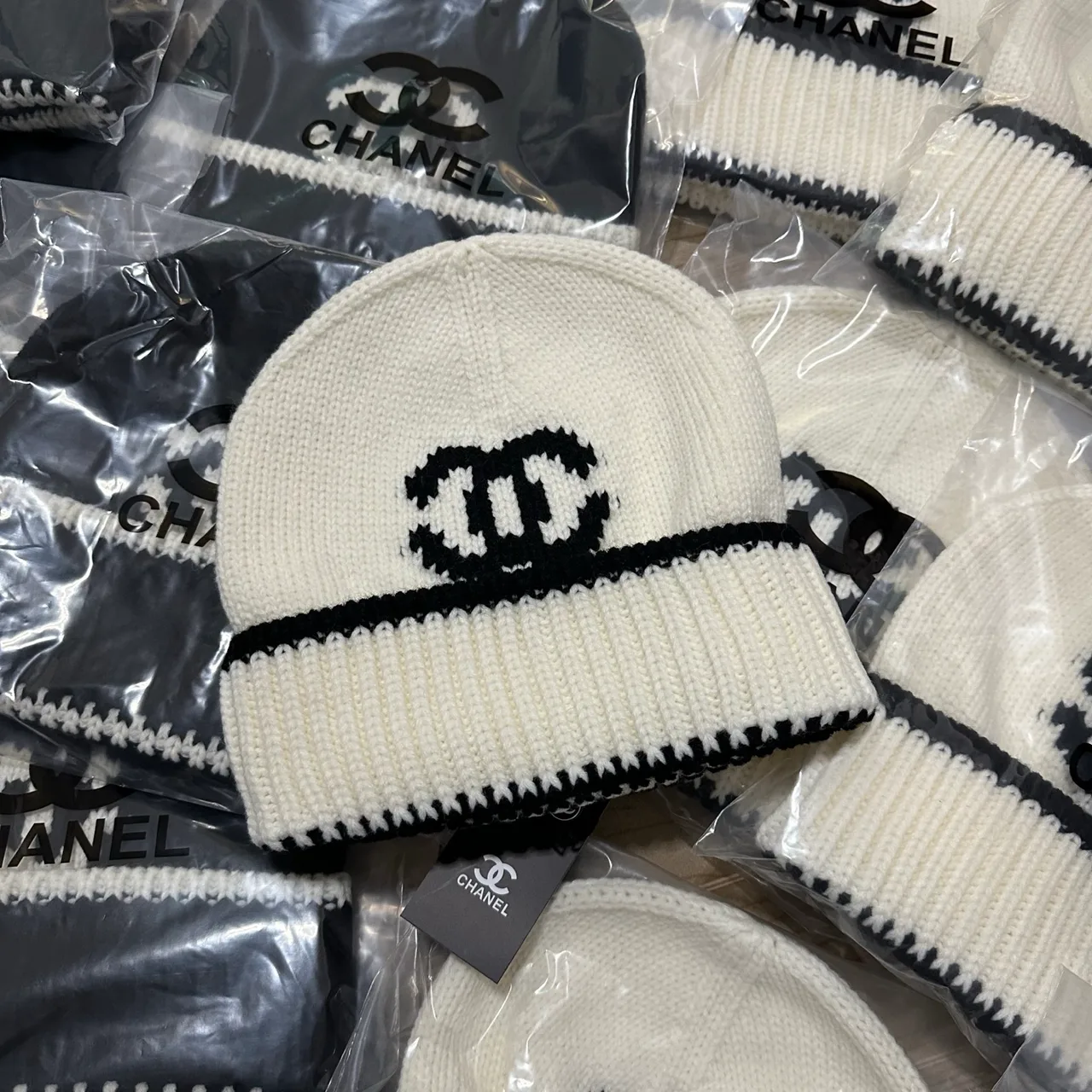 Chanel CC Stripe Beanie in White & Black & Grey · view 1
